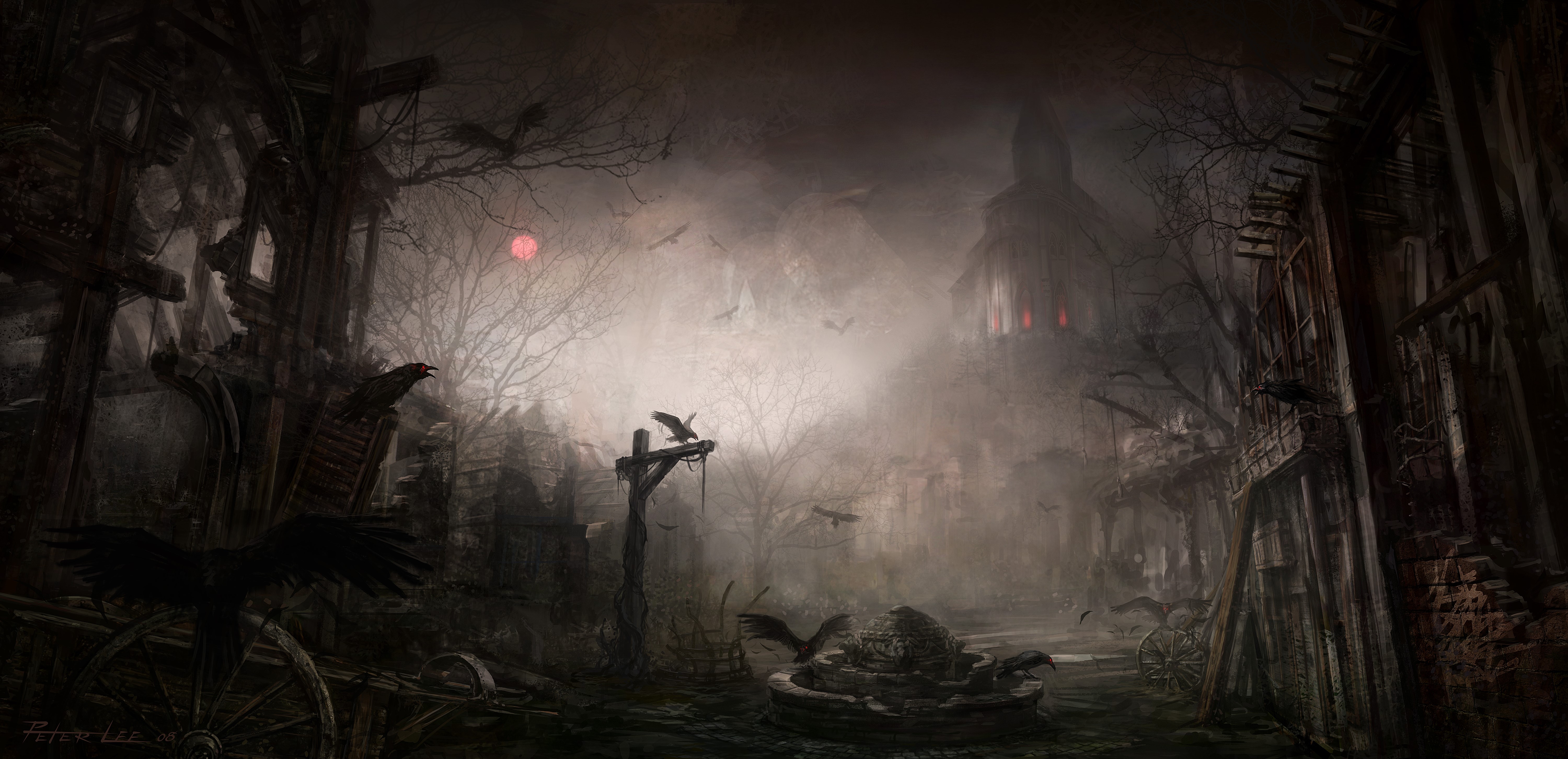 Gothic Fantasy Village with Crows and Red Moon HD Wallpaper