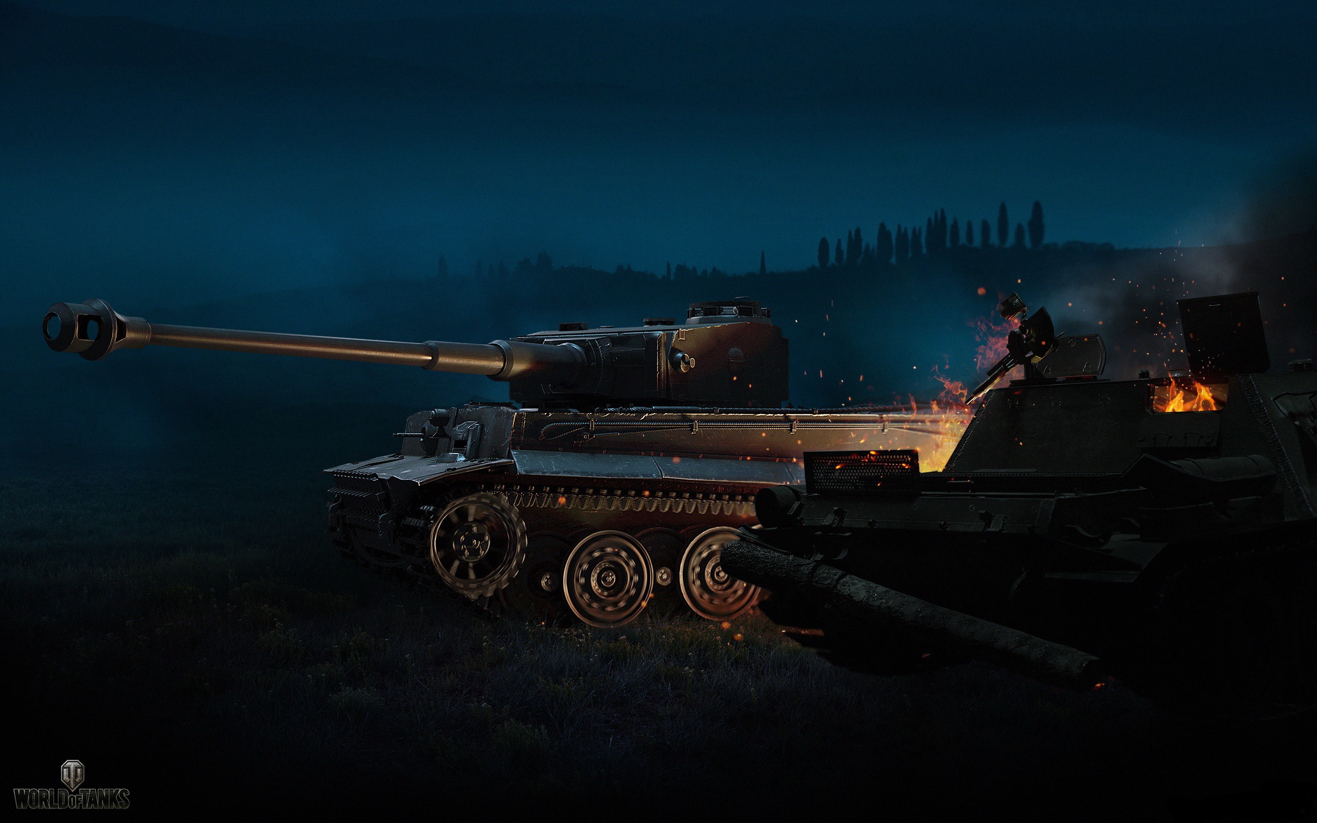 Tiger tank on fire at night in World of Tanks HD Wallpaper