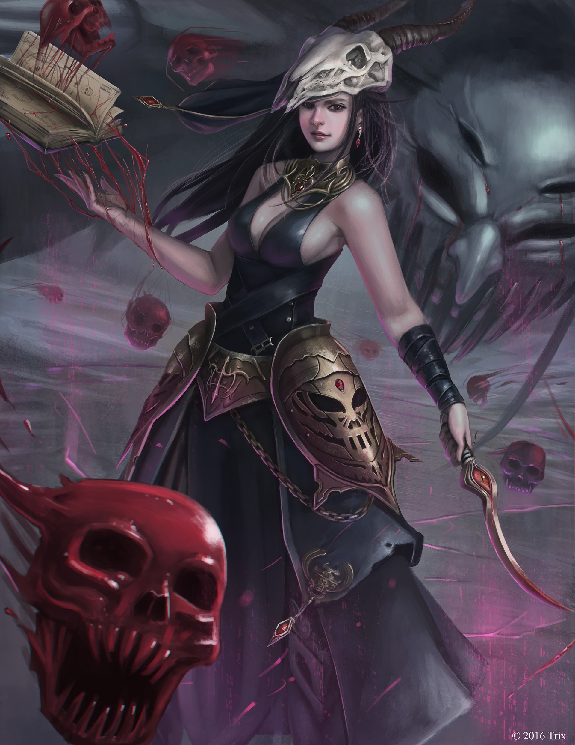 Woman with skull helmet casting magic with bloody book and knife HD Phone Wallpaper