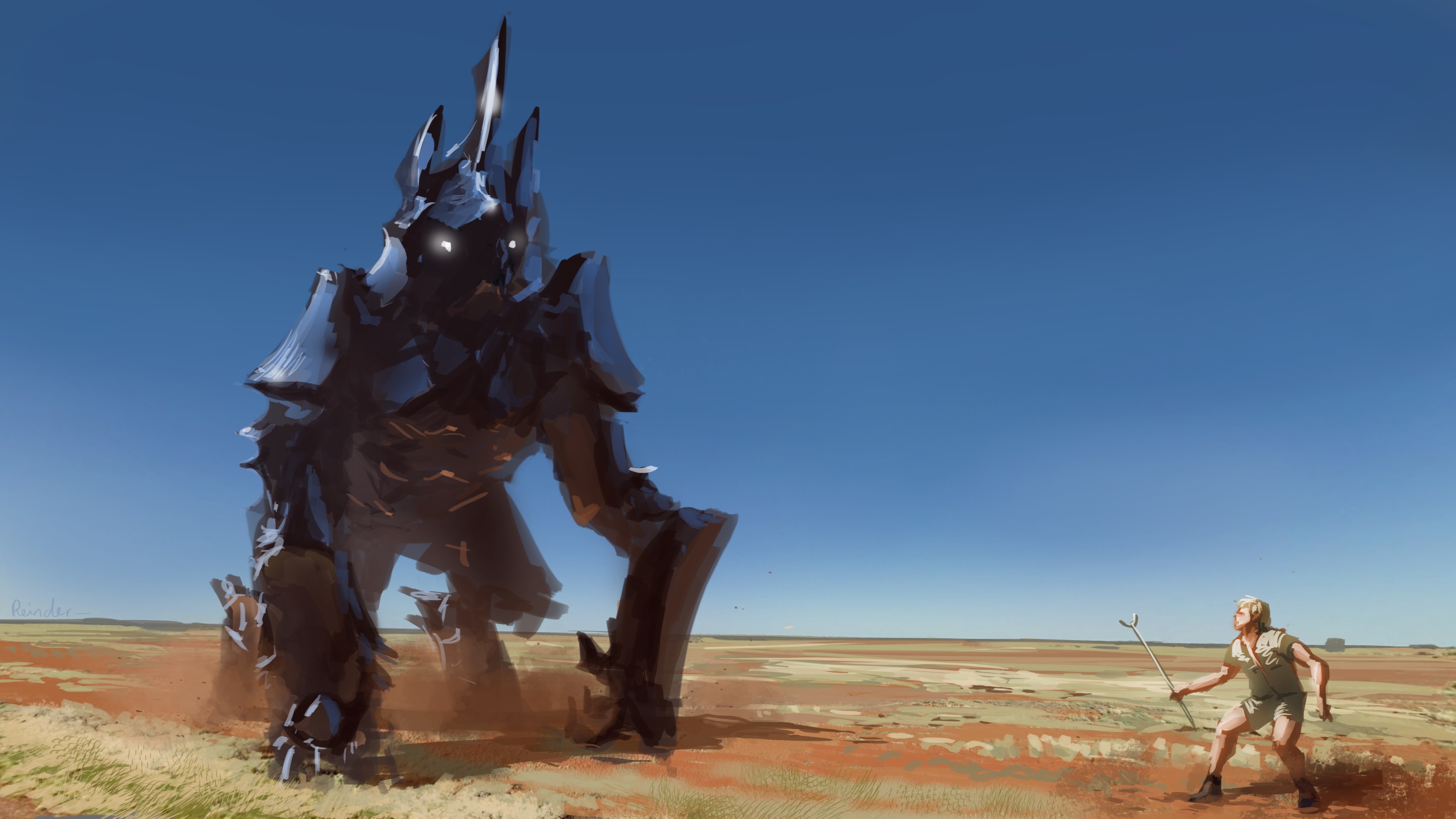 Robot and young man in a desert HD Wallpaper