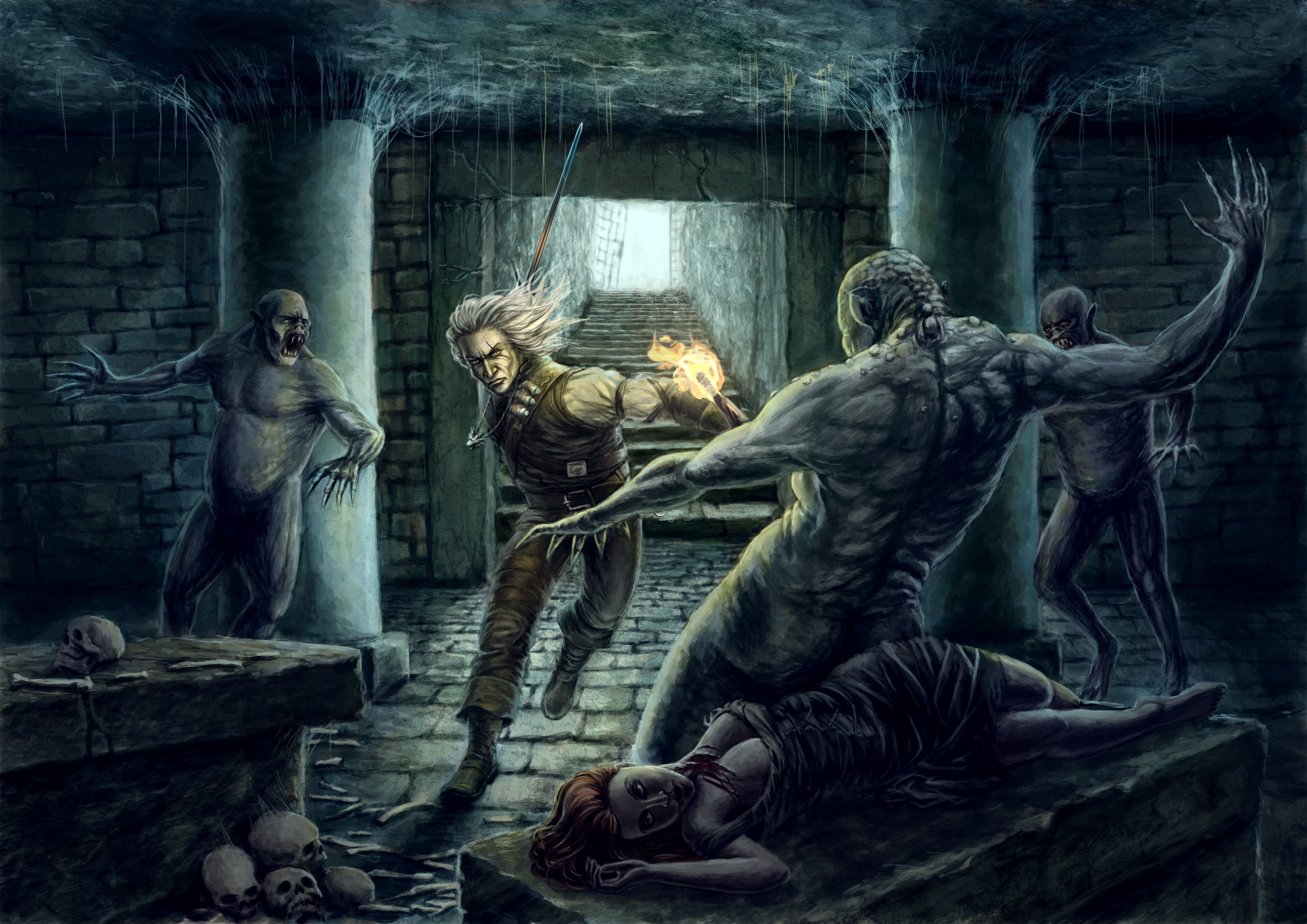 Geralt fighting monsters in The Witcher 2 HD Wallpaper