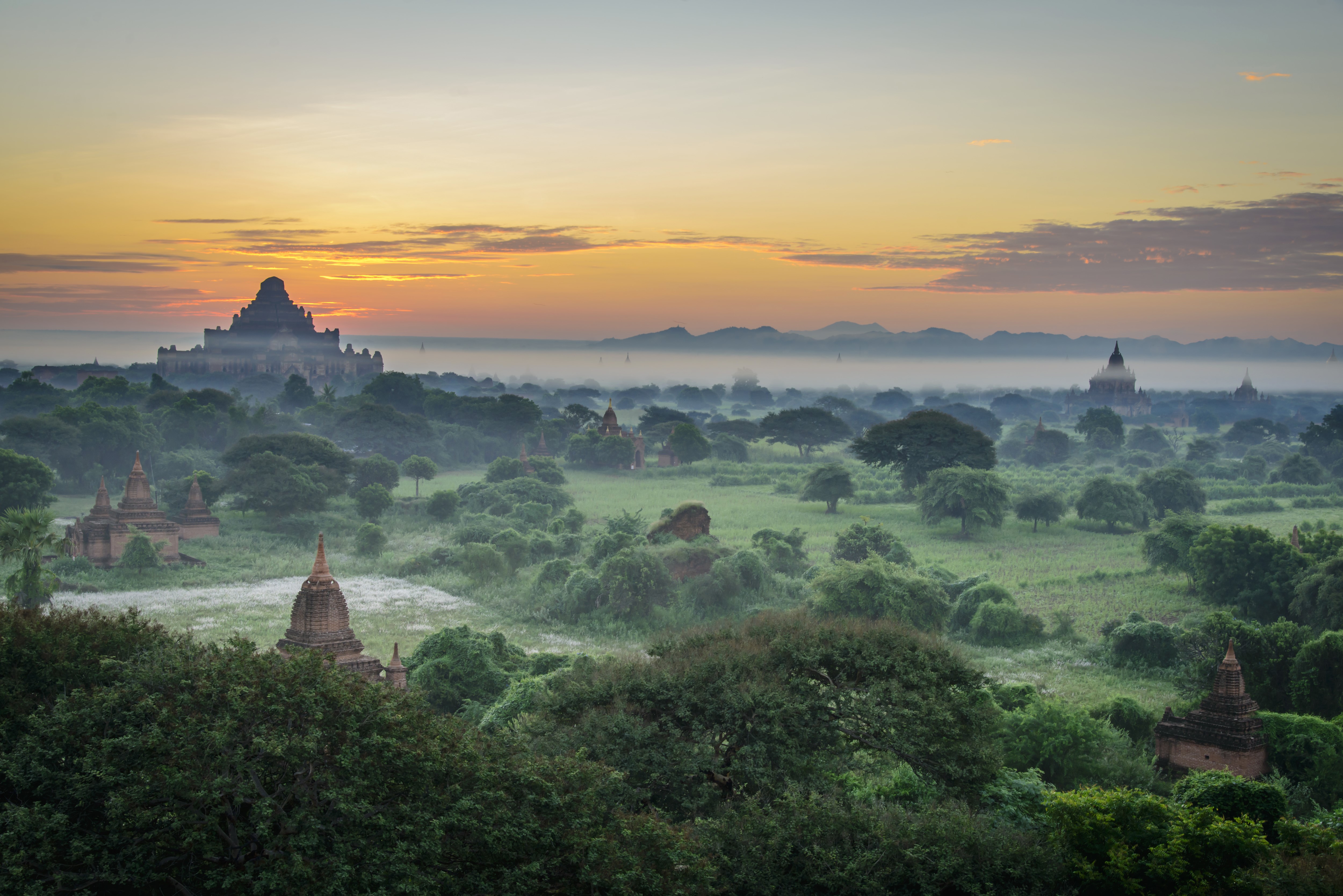 Bagan Myanmar Temples at Sunset with Fog HD Wallpaper