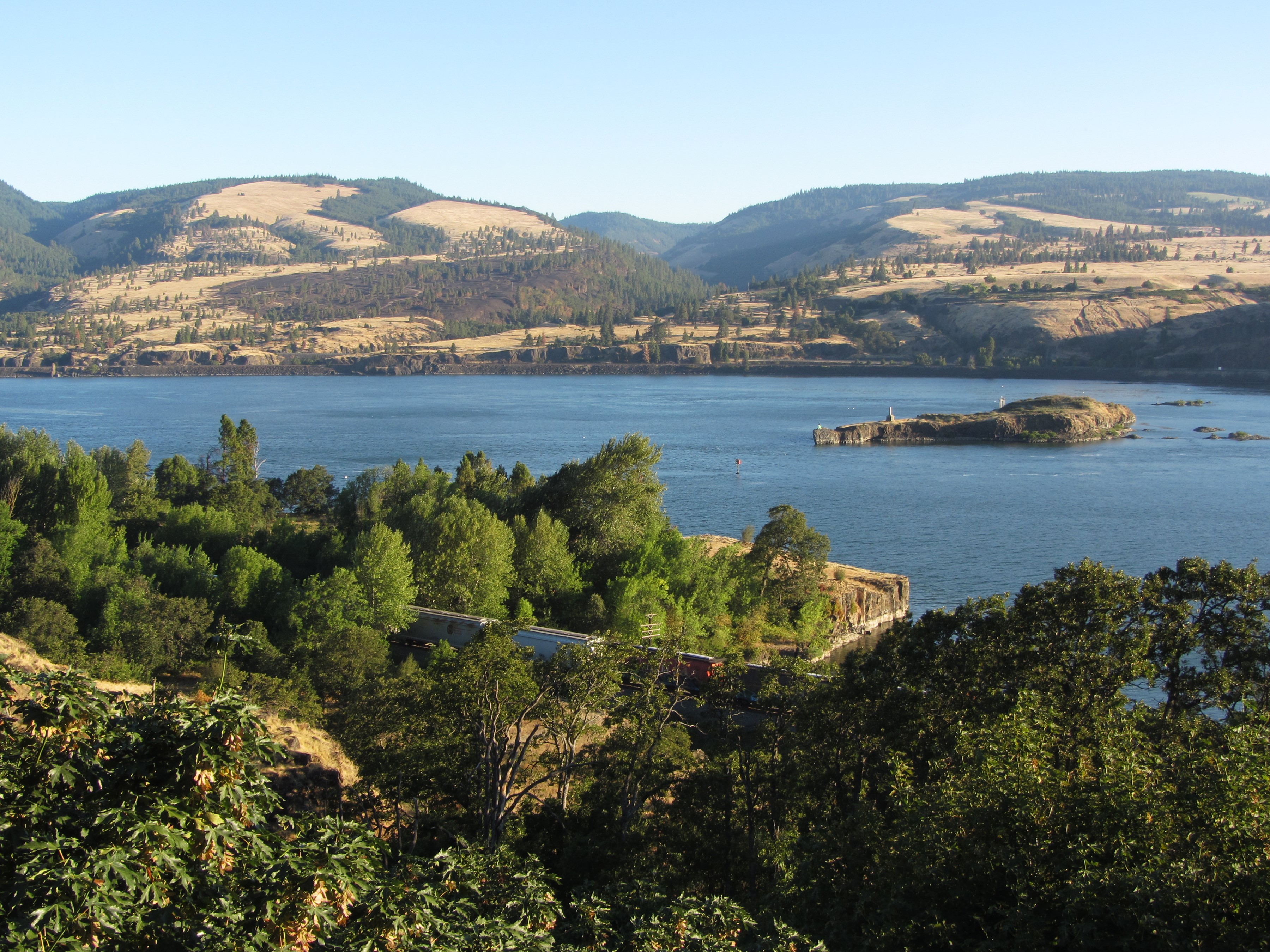 River and Island with Hills in the Background HD Wallpaper