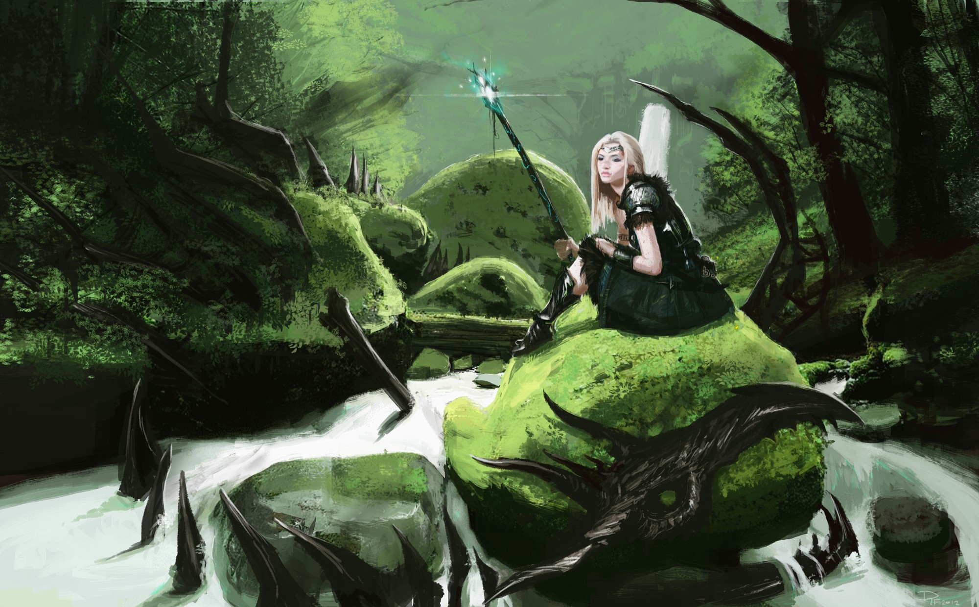 Woman with Mage Staff in a Mossy Forest HD Wallpaper