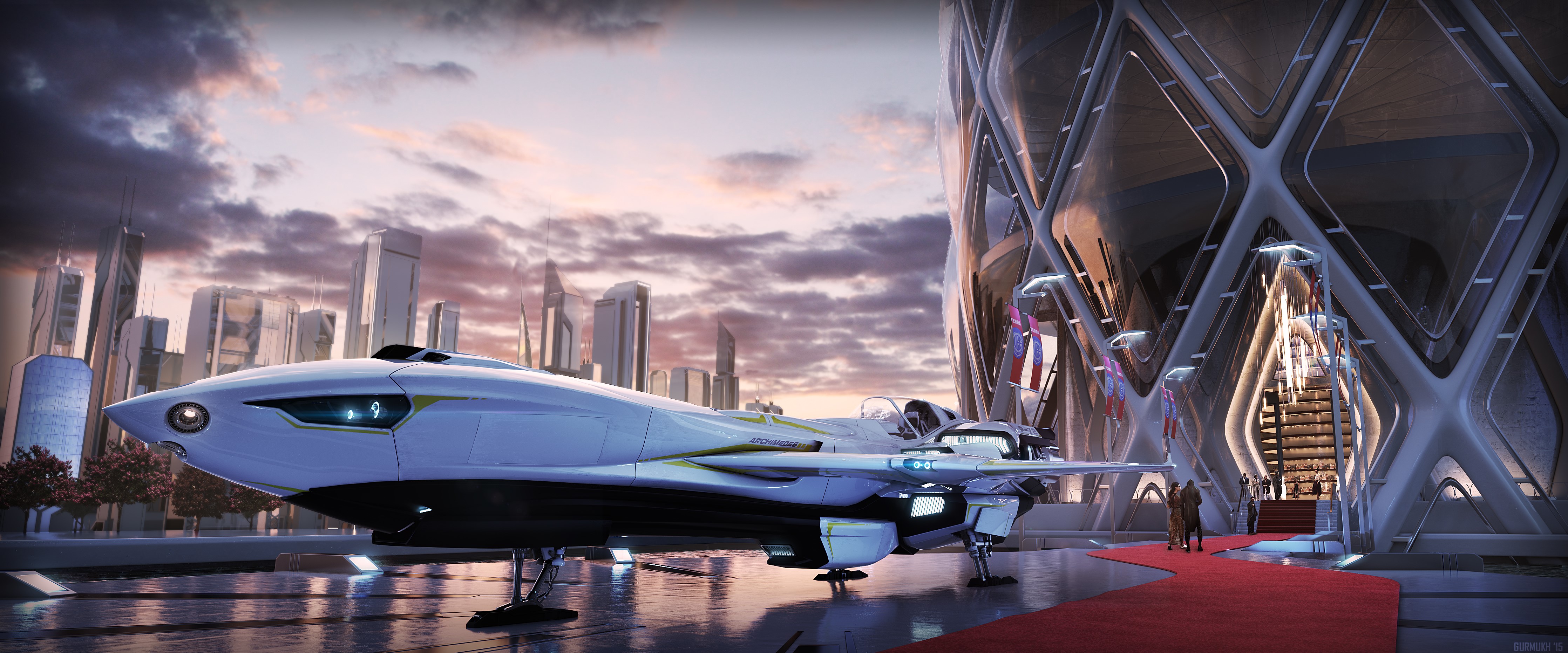 Star Citizen Starship at Futuristic City Building HD Wallpaper