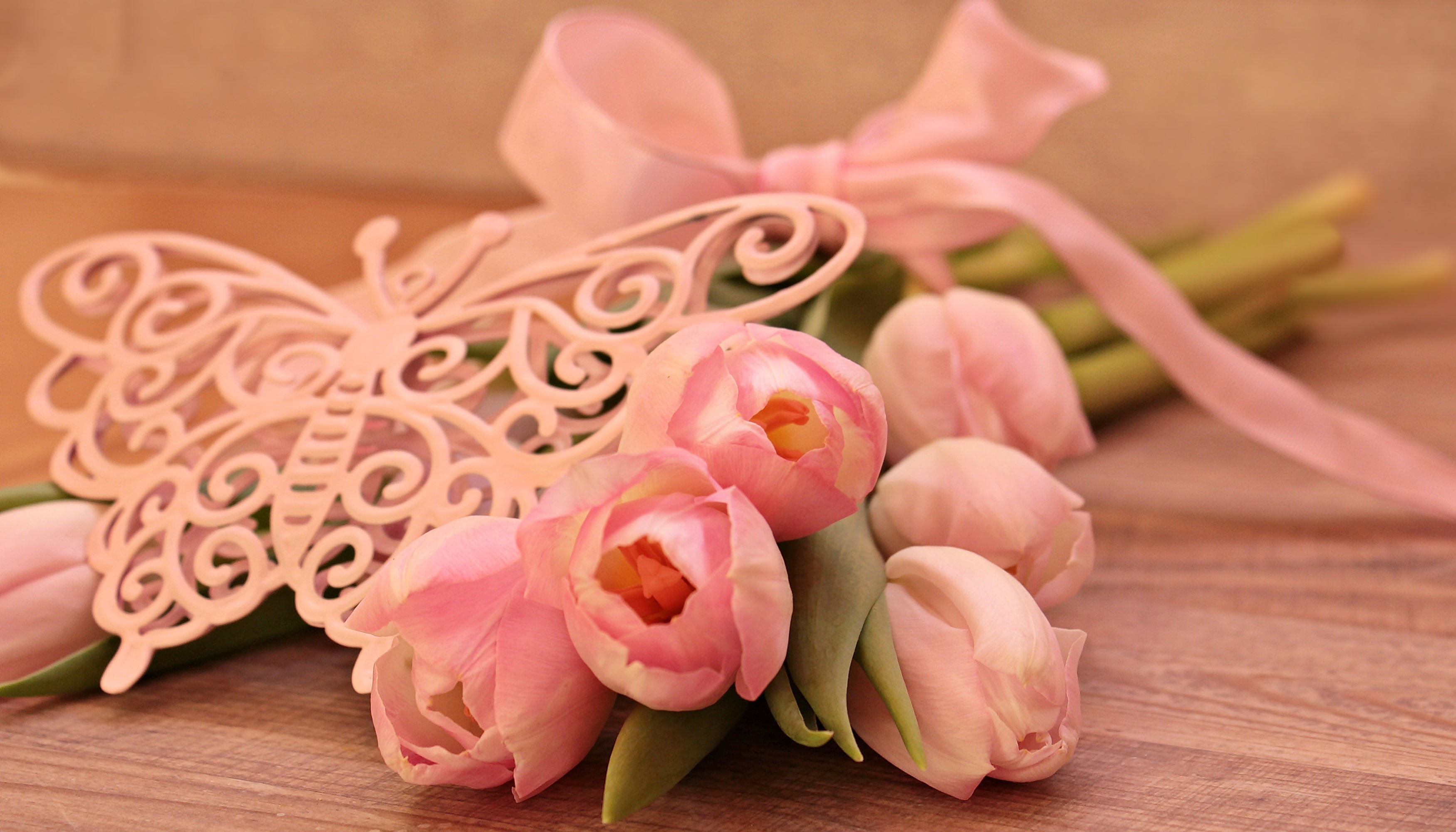 Pink tulips with a decorative butterfly and ribbon HD Wallpaper