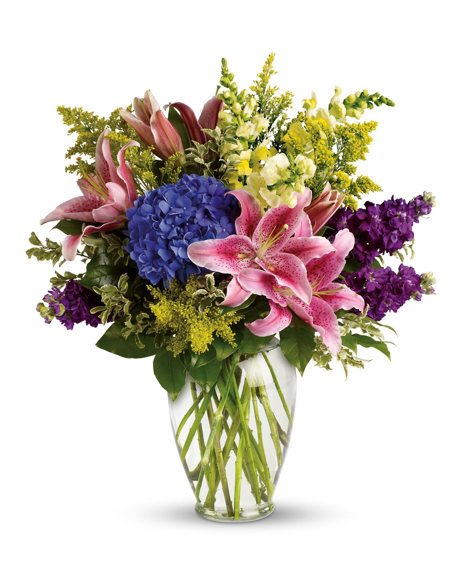 Pink Lilies, Blue Hydrangea, and Purple Stock Flower Bouquet HD Phone Wallpaper