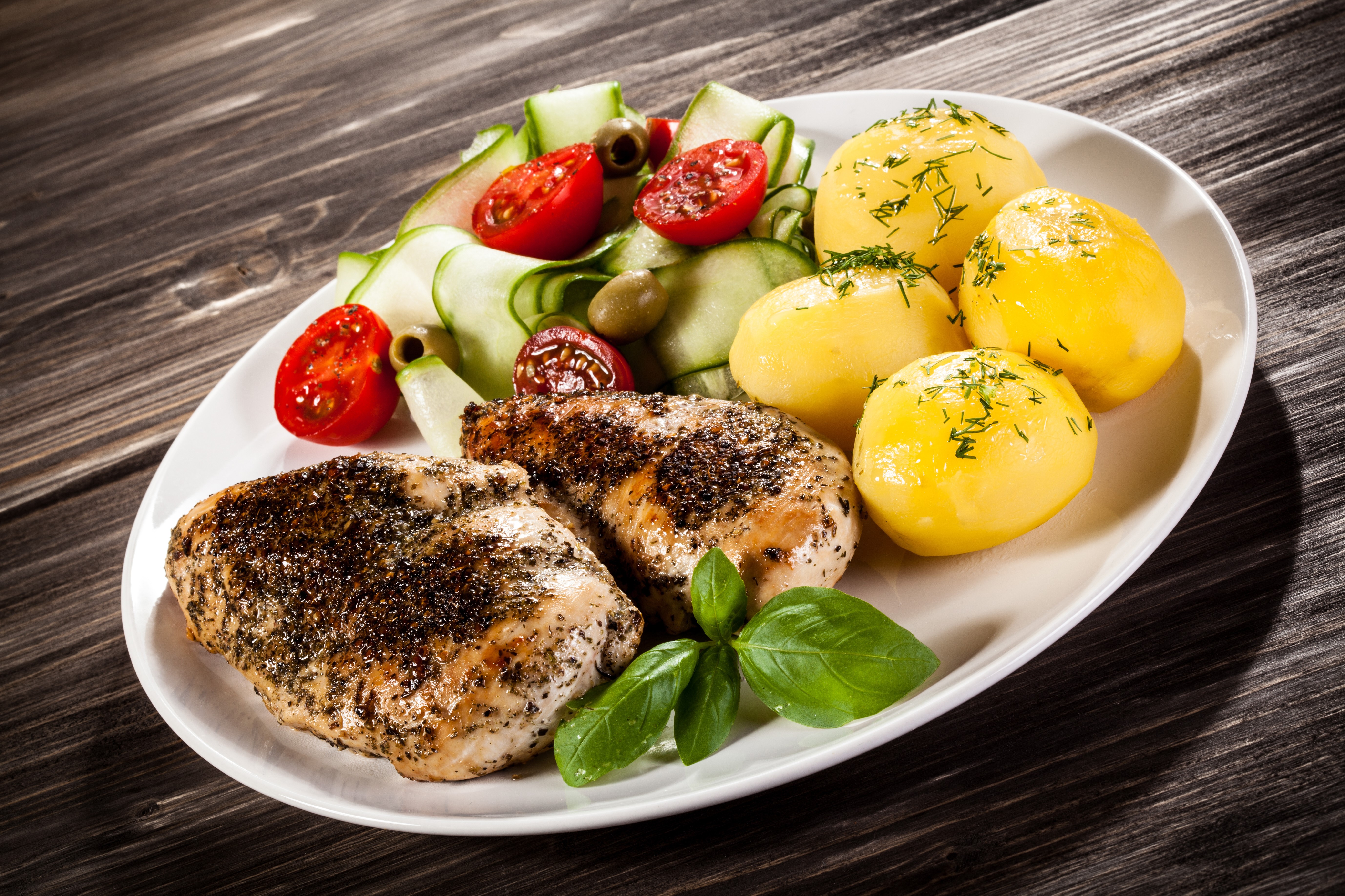 Chicken breast with potatoes and salad on a plate HD Wallpaper