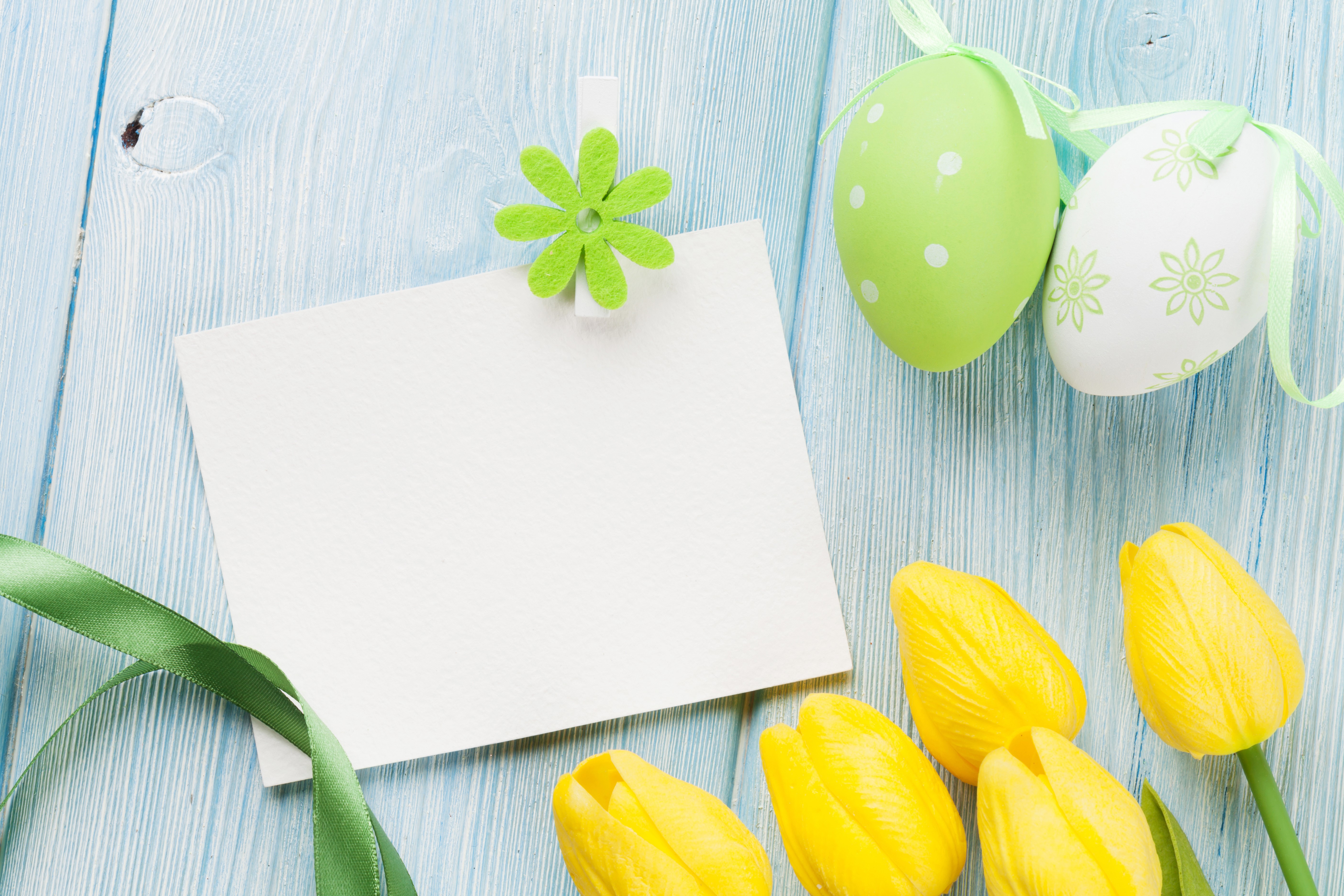 Easter greeting card with tulips and eggs on wood HD Wallpaper