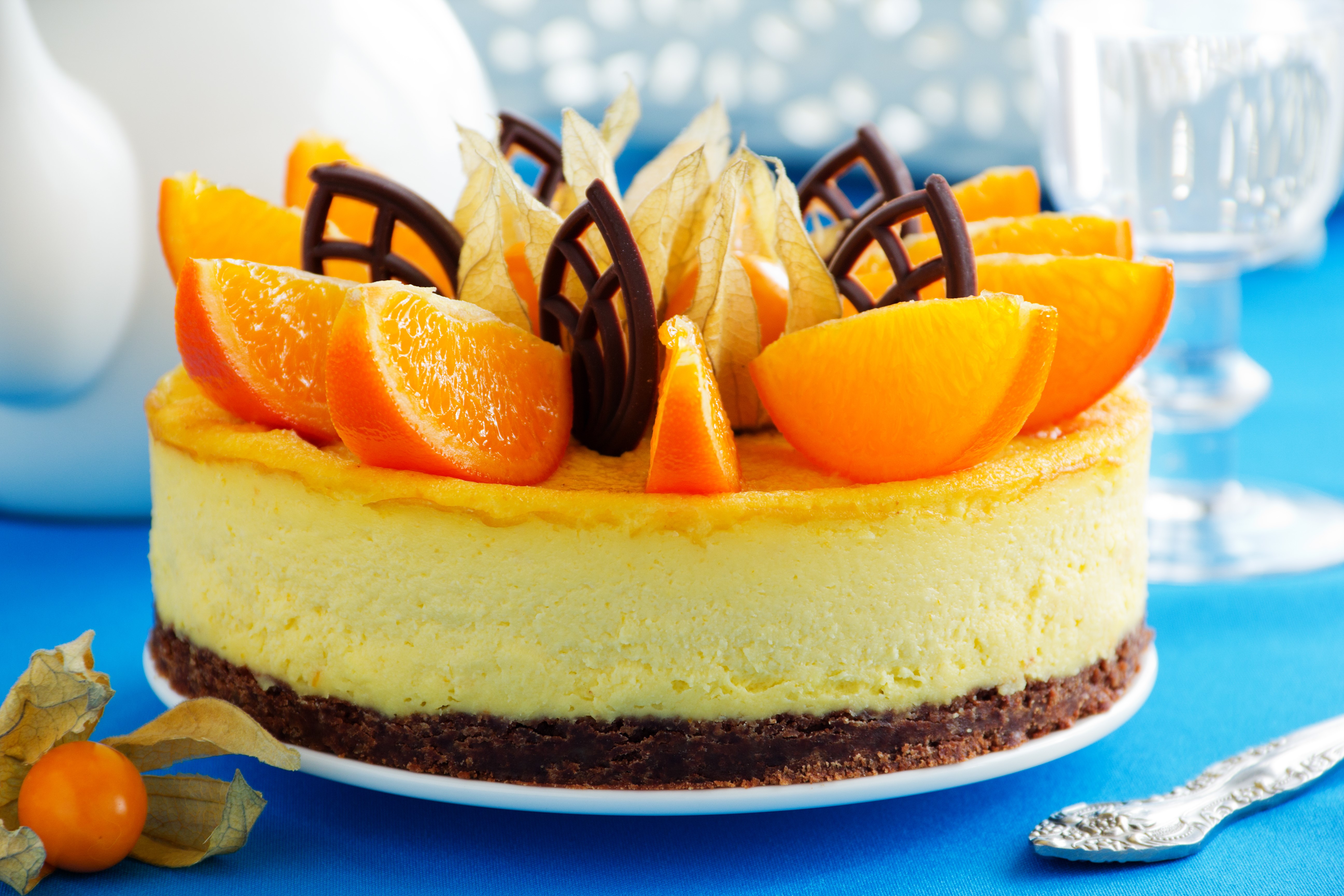Orange and chocolate cheesecake with physalis HD Wallpaper