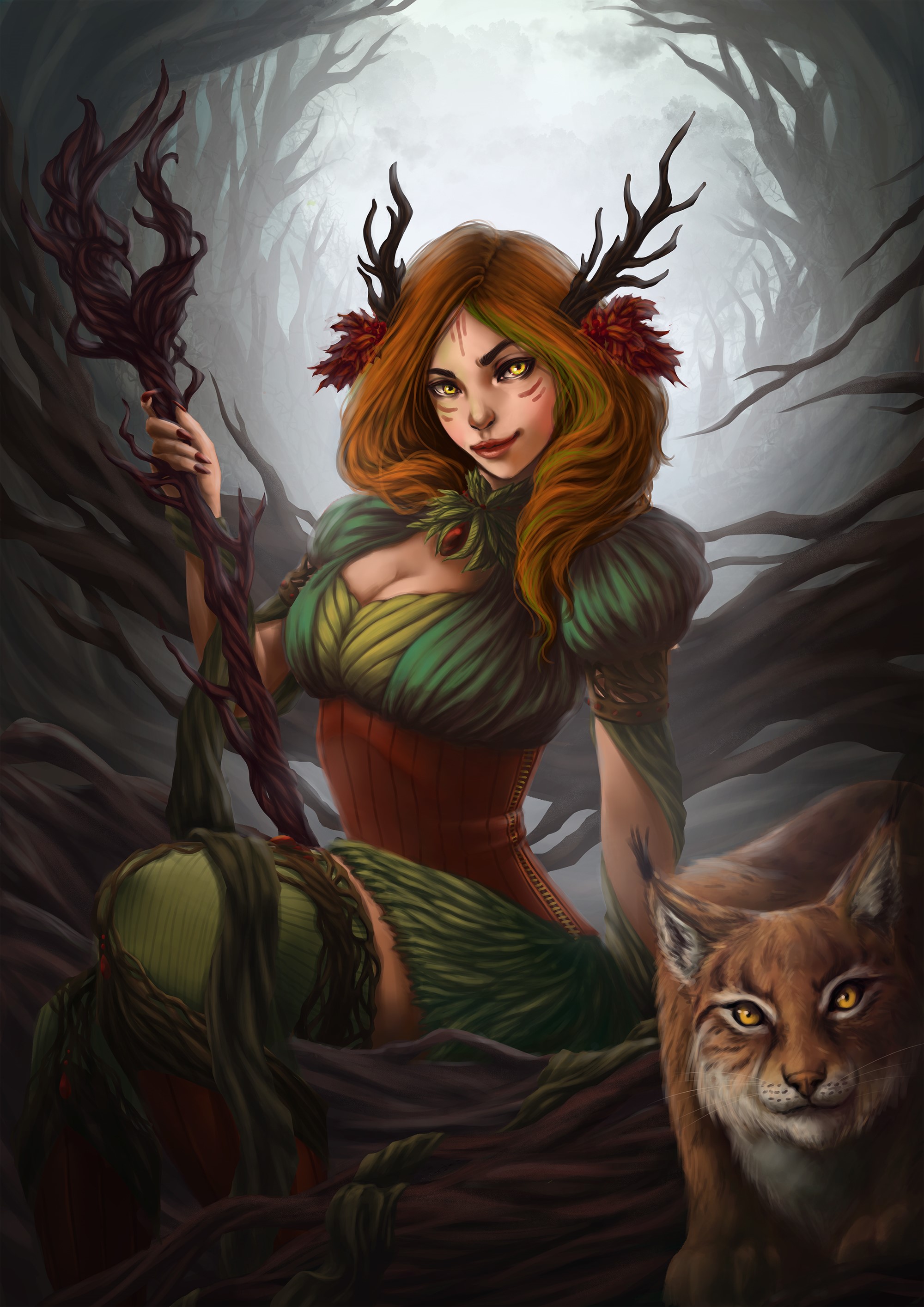 Forest spirit with antlers and a lynx HD Phone Wallpaper
