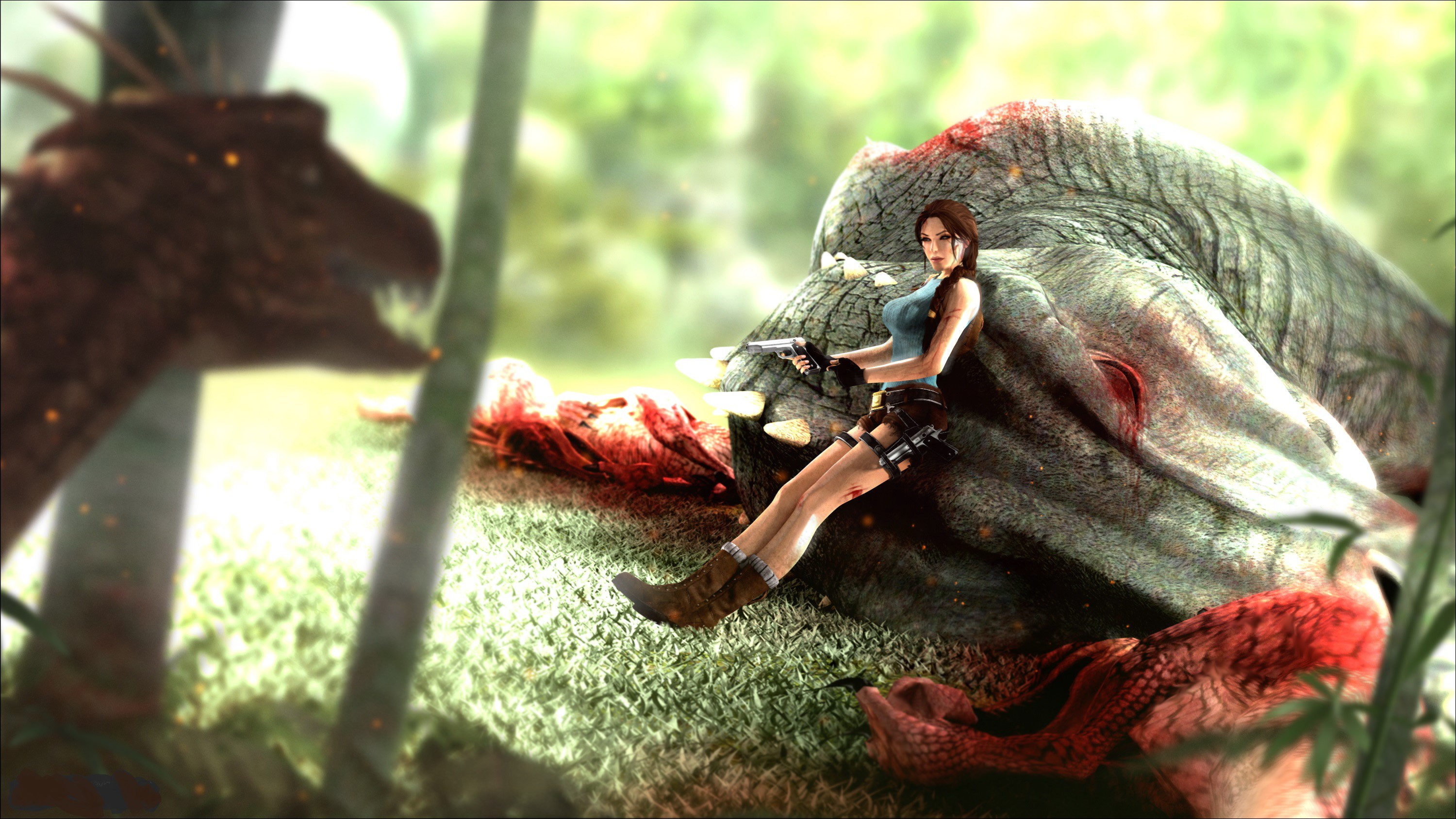 Lara Croft with dead dinosaurs in jungle HD Wallpaper