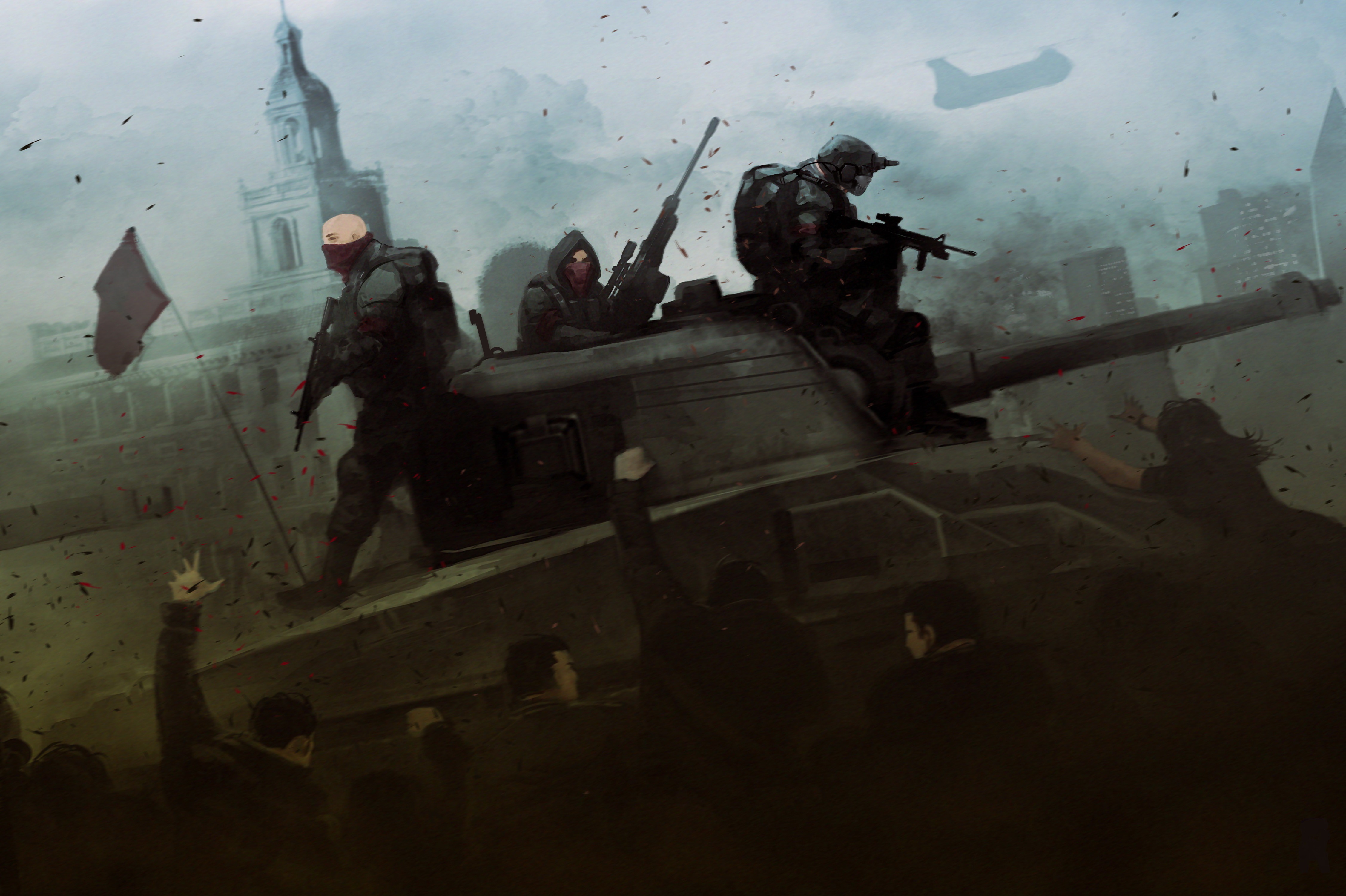 The Revolution: Soldiers on a Tank with a Red Flag HD Wallpaper