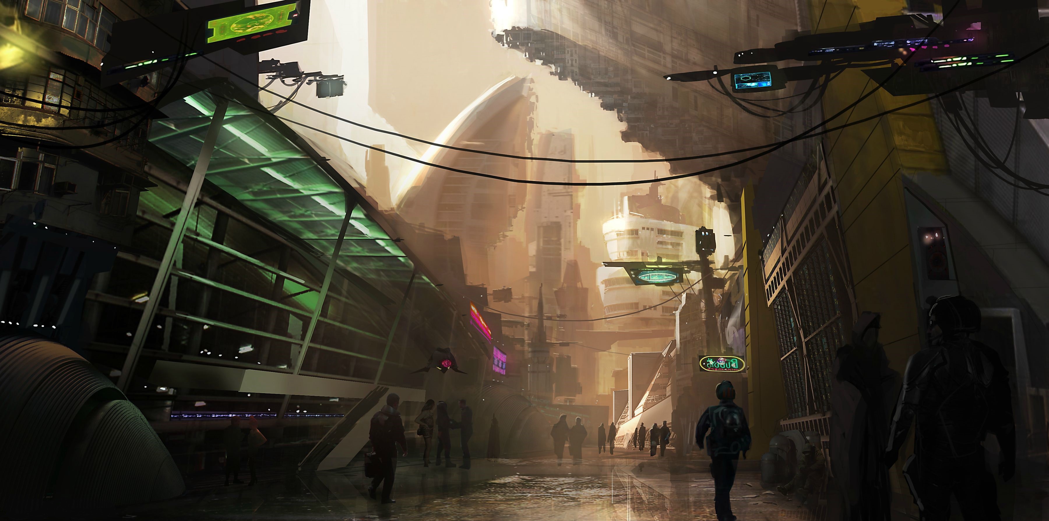 Futuristic city street with people and flying vehicles HD Wallpaper