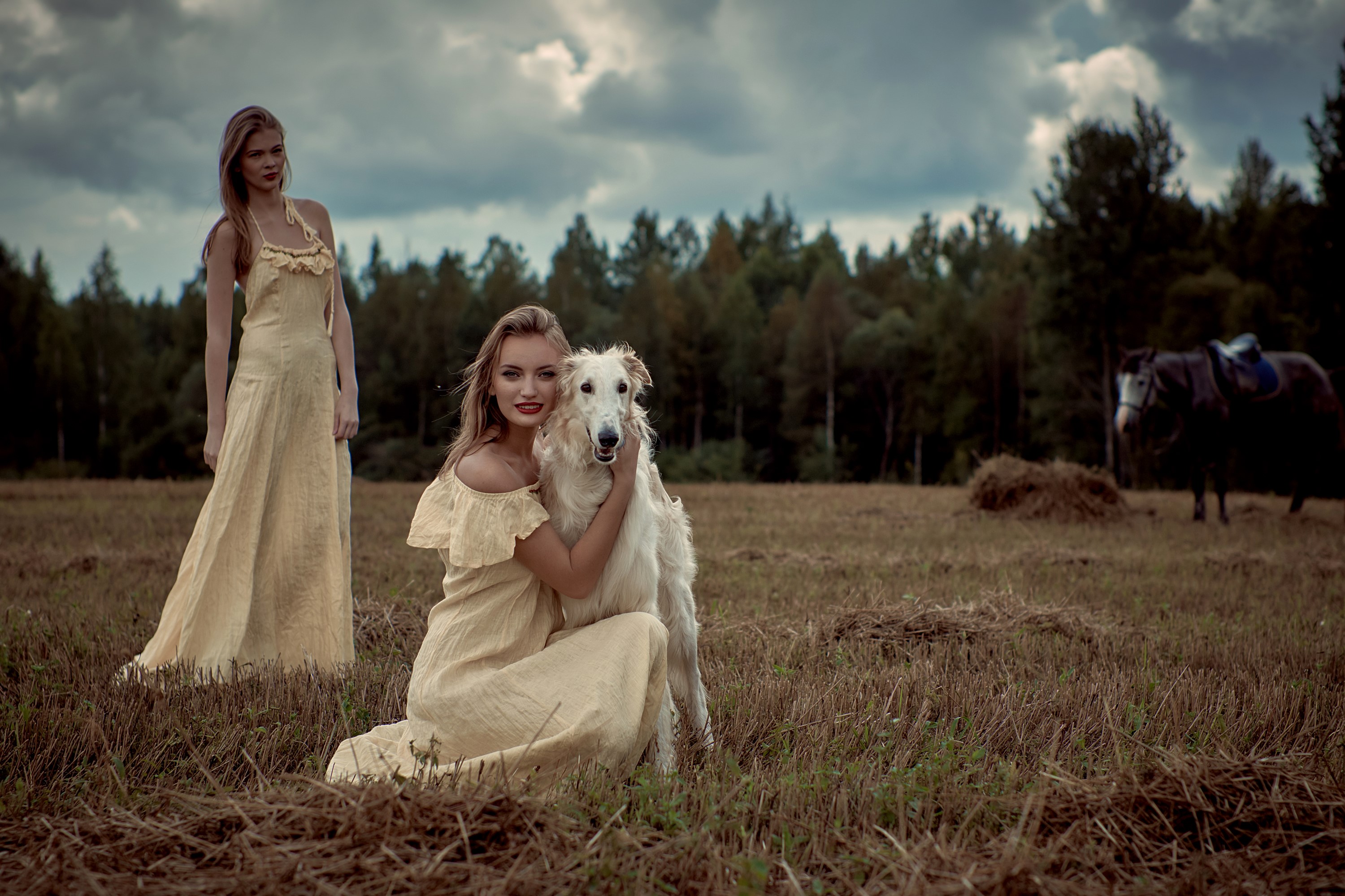 Two blonde women with a dog in a field HD Wallpaper