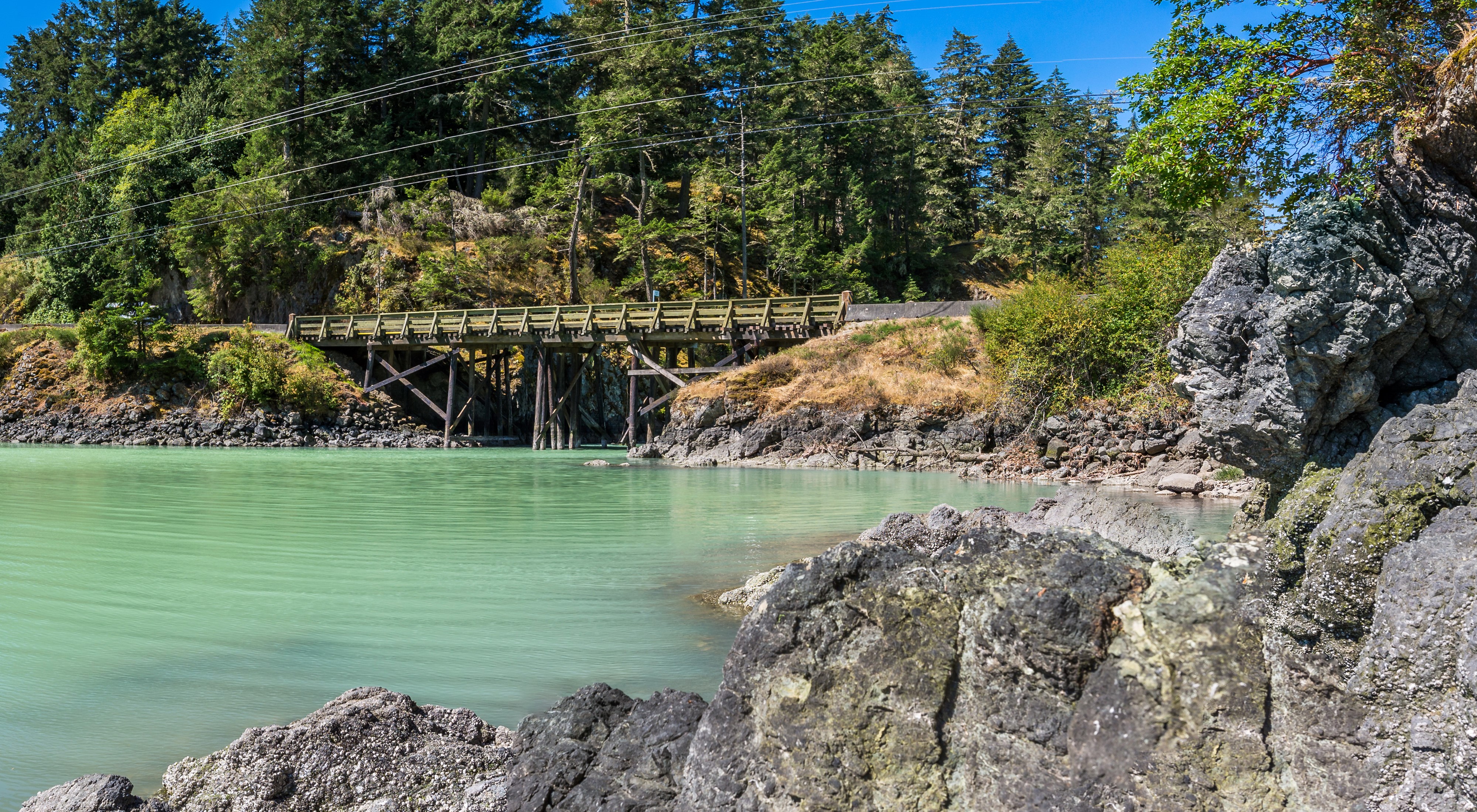 Wooden bridge over a turquoise river in British Columbia, Canada HD Wallpaper