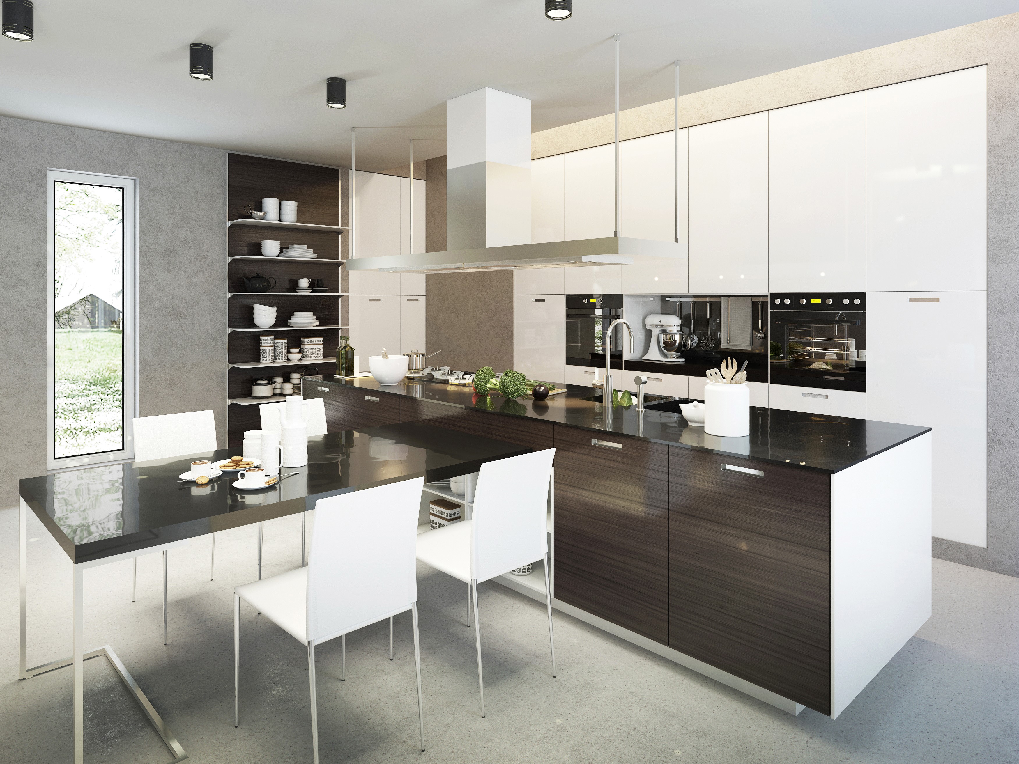 Modern kitchen with island and dining table HD Wallpaper