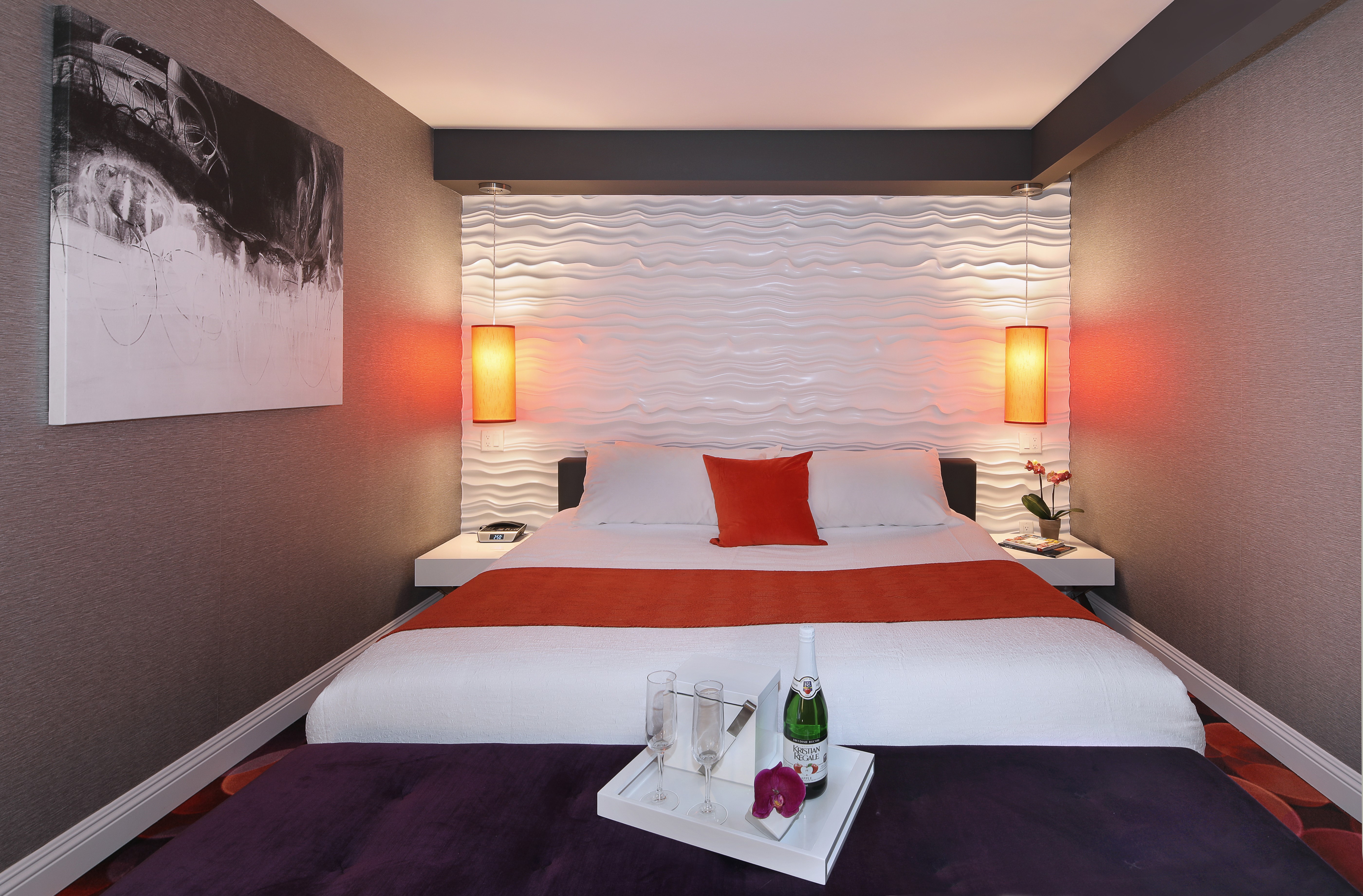 Modern Bedroom with Champagne and Artwork HD Wallpaper