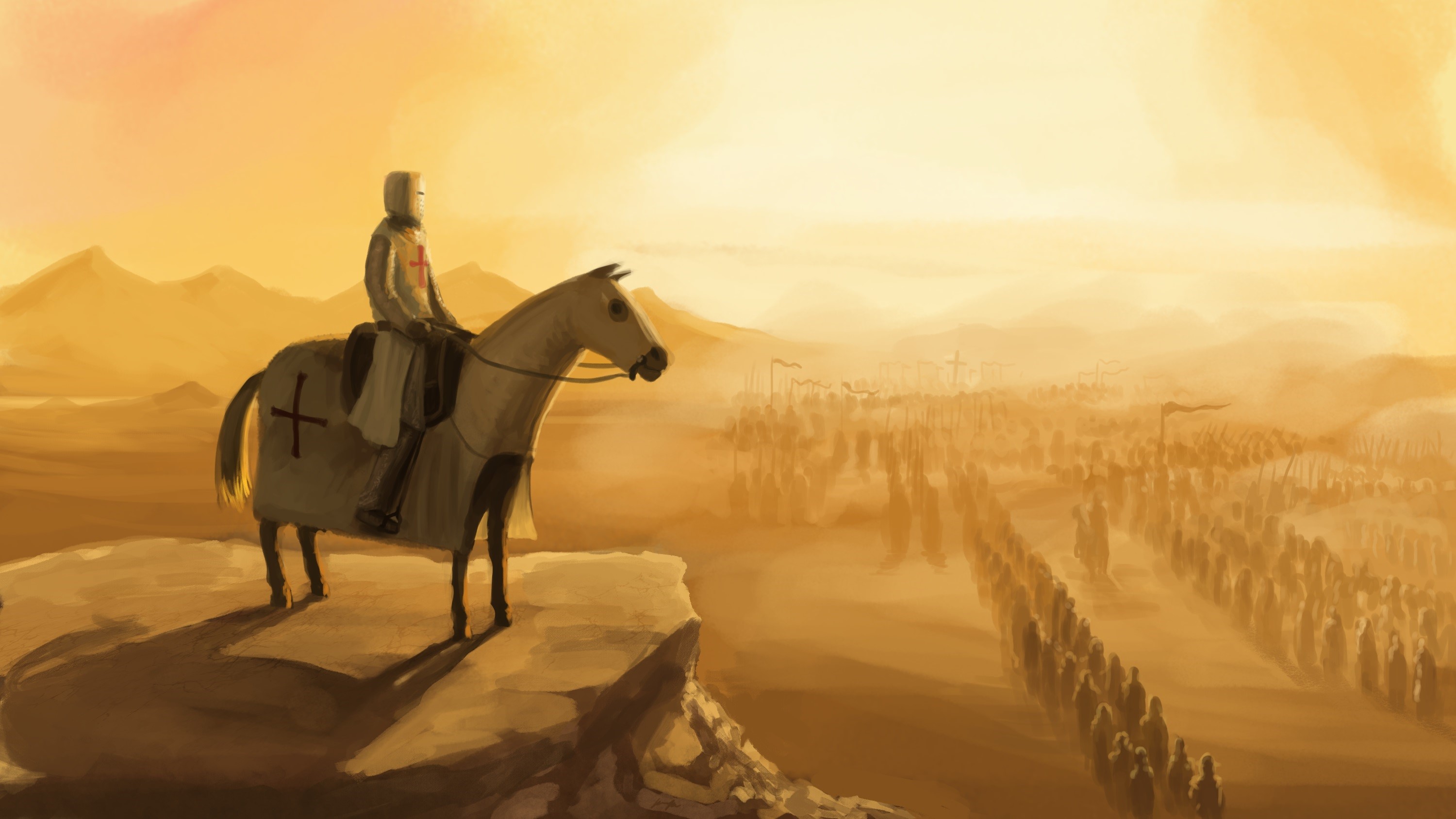 Knight on horseback overlooking an army in a desert HD Wallpaper