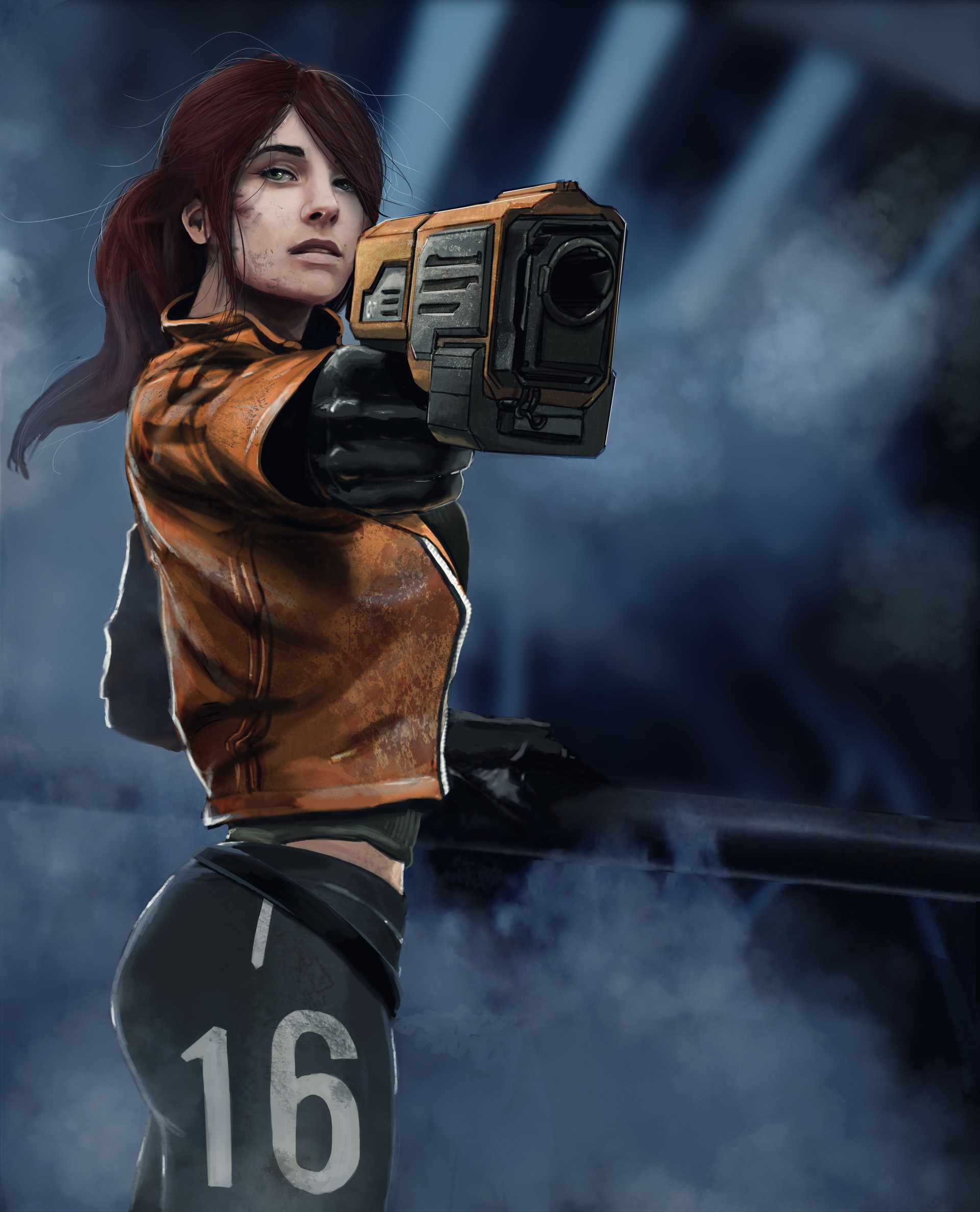 Woman with gun, orange vest, black pants HD Phone Wallpaper
