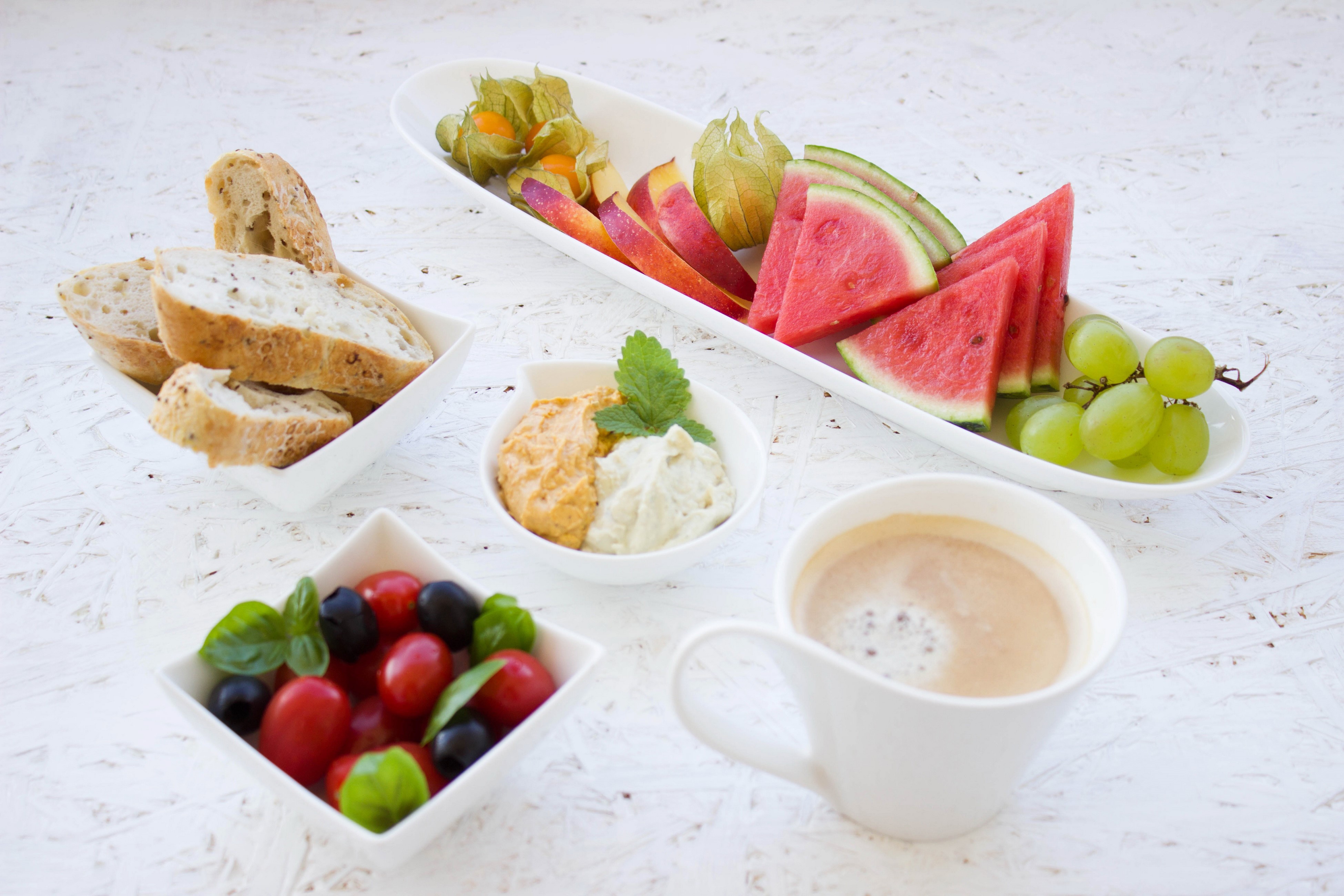 Breakfast with Coffee, Bread, and Fruit Platter HD Wallpaper