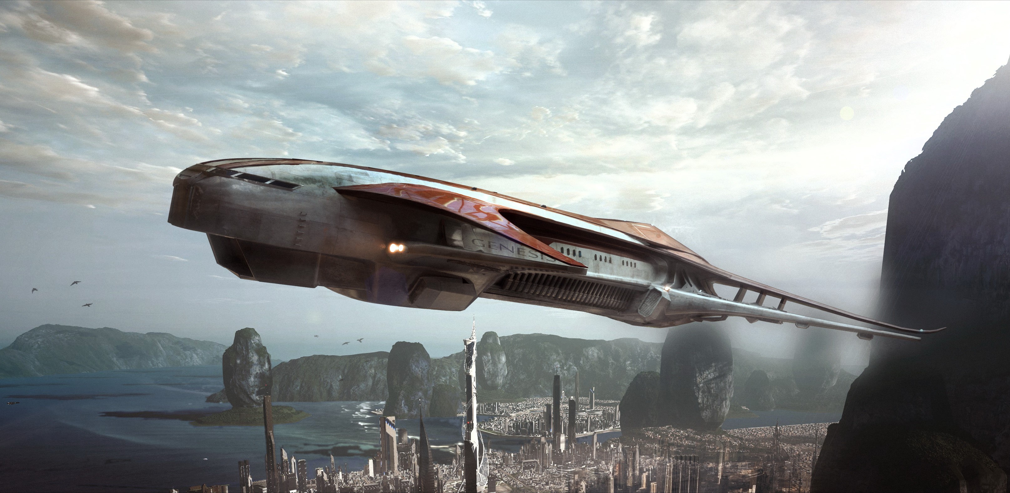 Star Citizen Starship flying over futuristic city HD Wallpaper