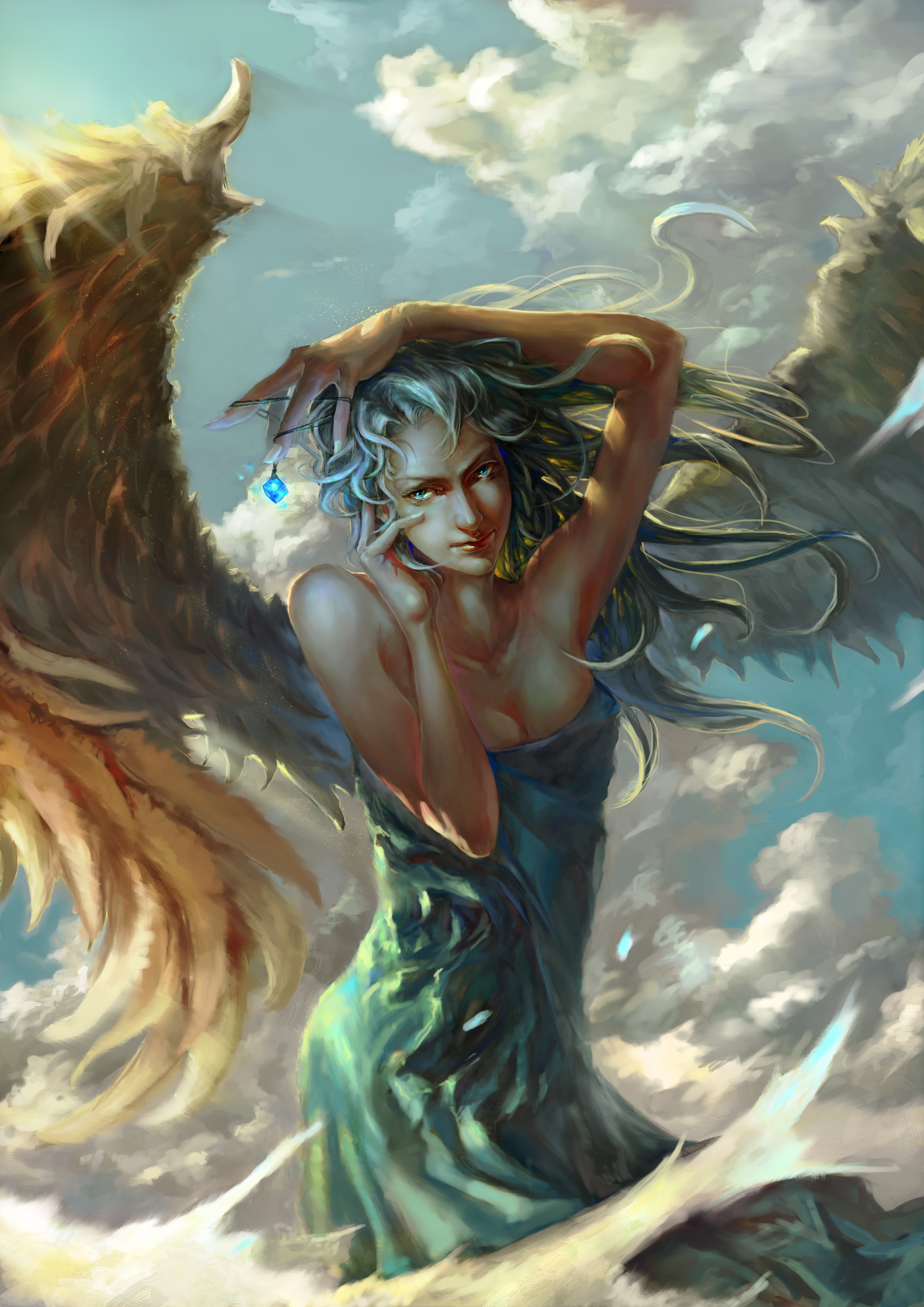 Angel with large wings in the clouds HD Phone Wallpaper