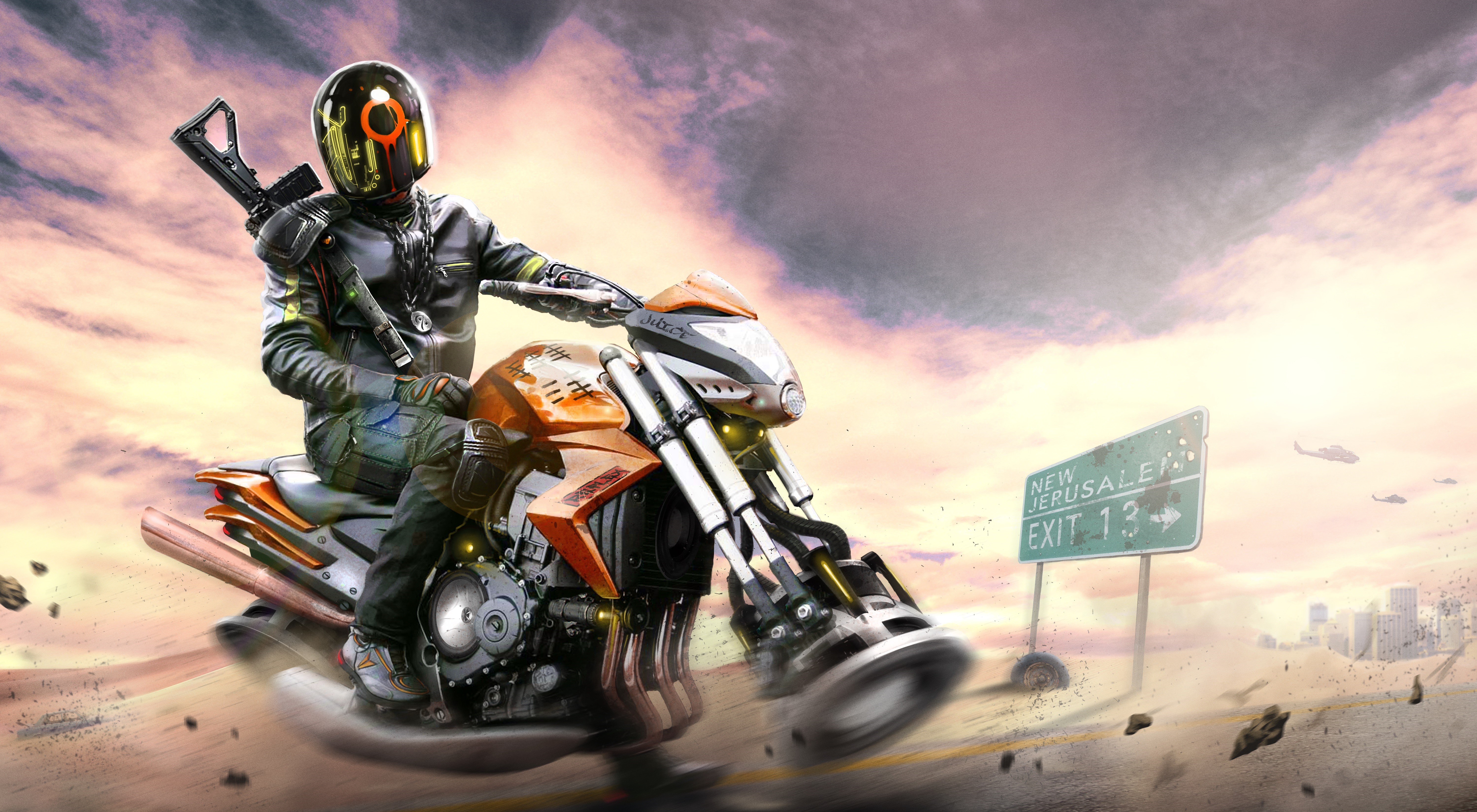 Motorcyclist with rifle on a motorcycle near New Jerusalem exit HD Wallpaper