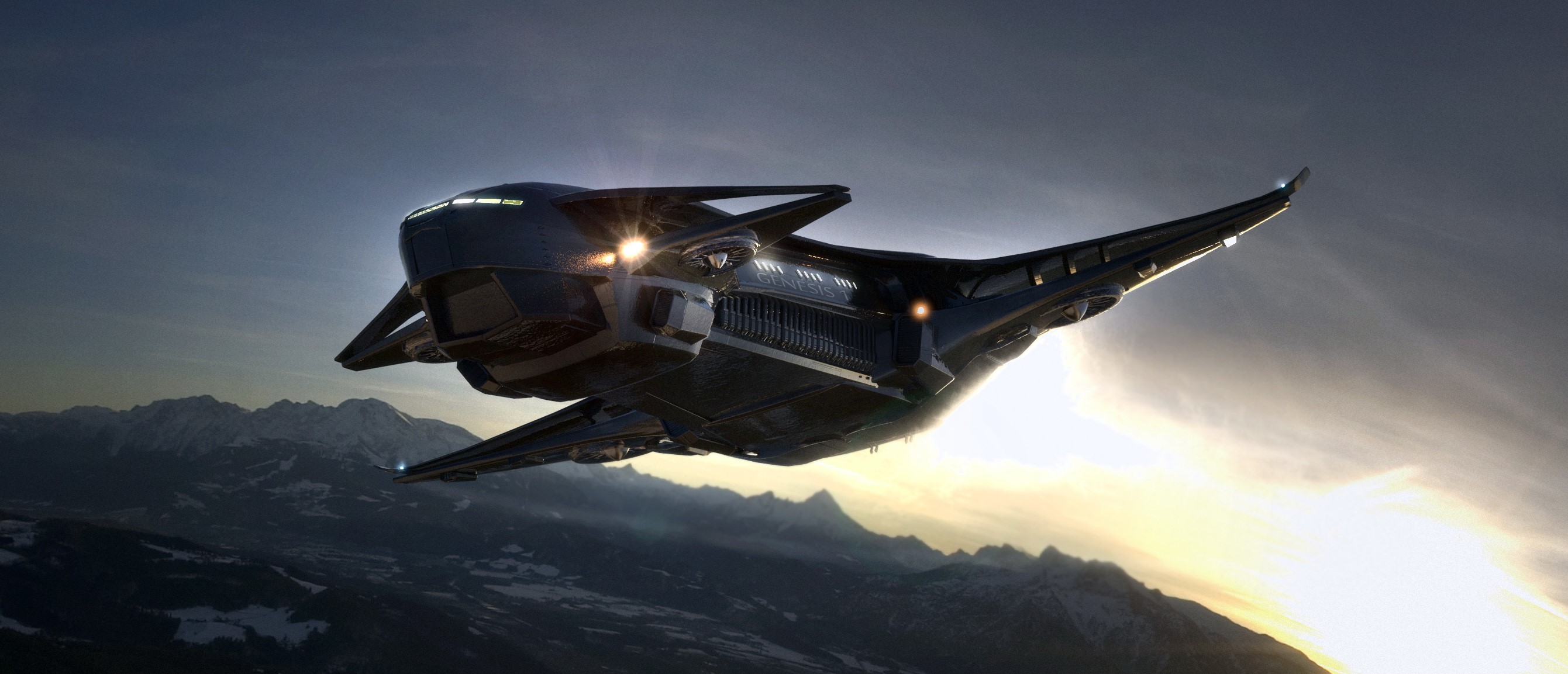 Star Citizen Starship flying over mountains HD Wallpaper