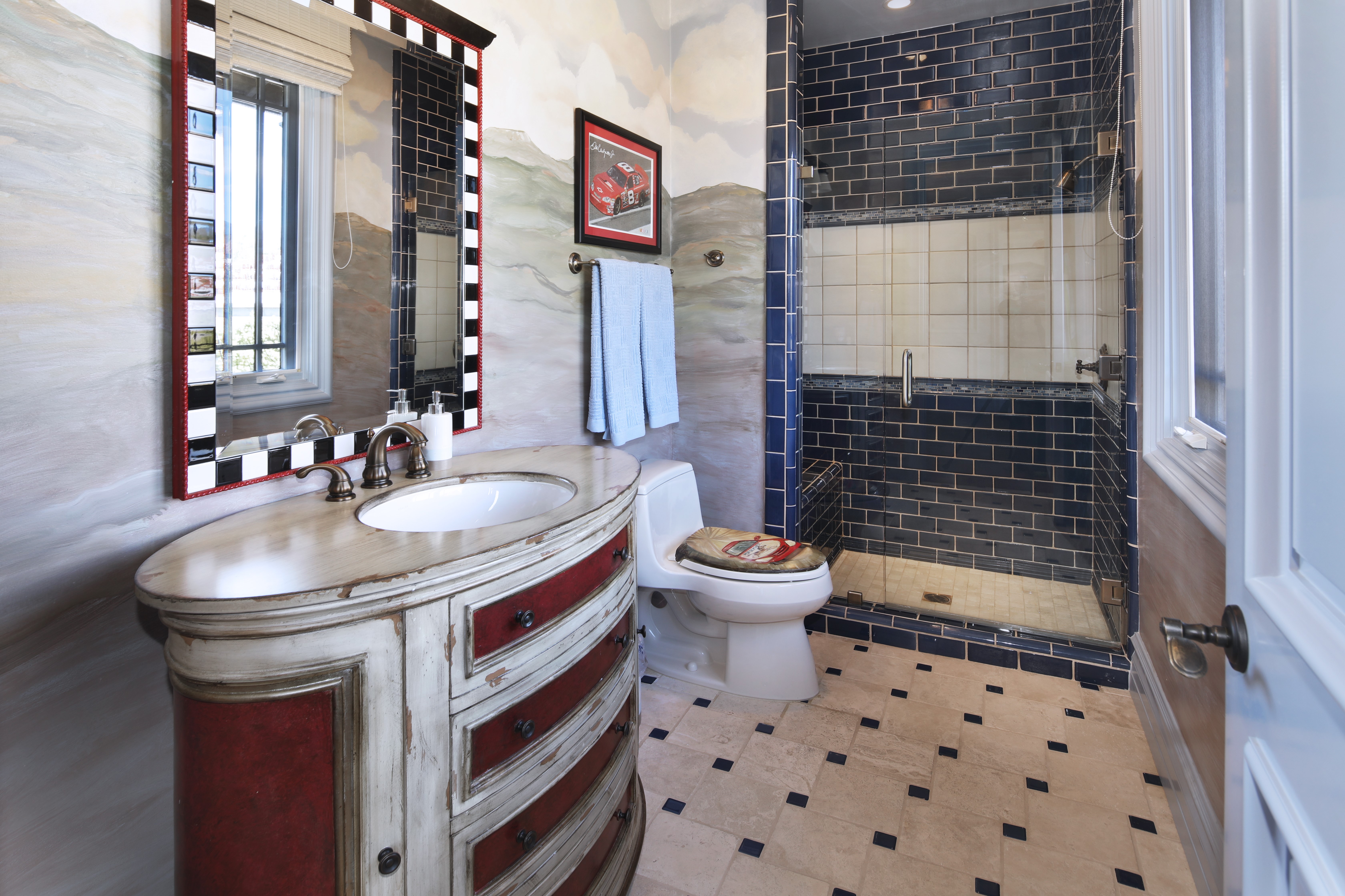 Bathroom with a vanity, toilet, and shower HD Wallpaper
