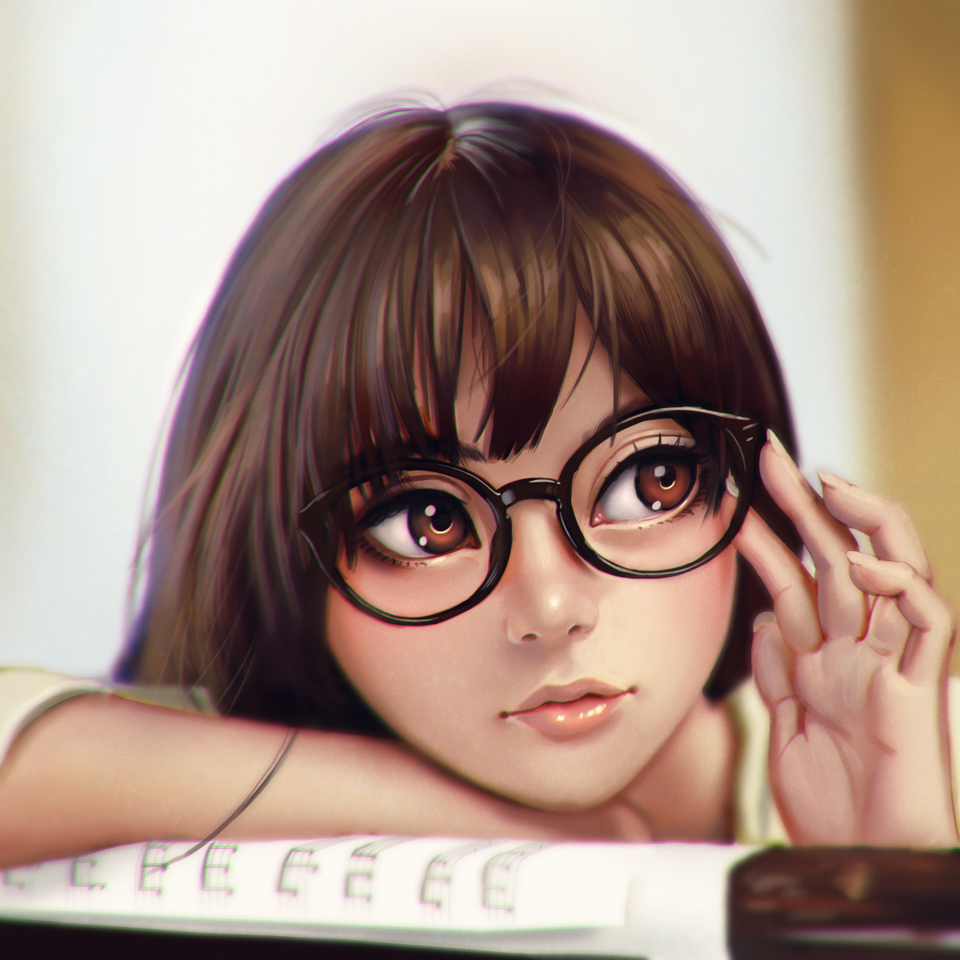 Girl with glasses resting her head on a notebook HD Wallpaper