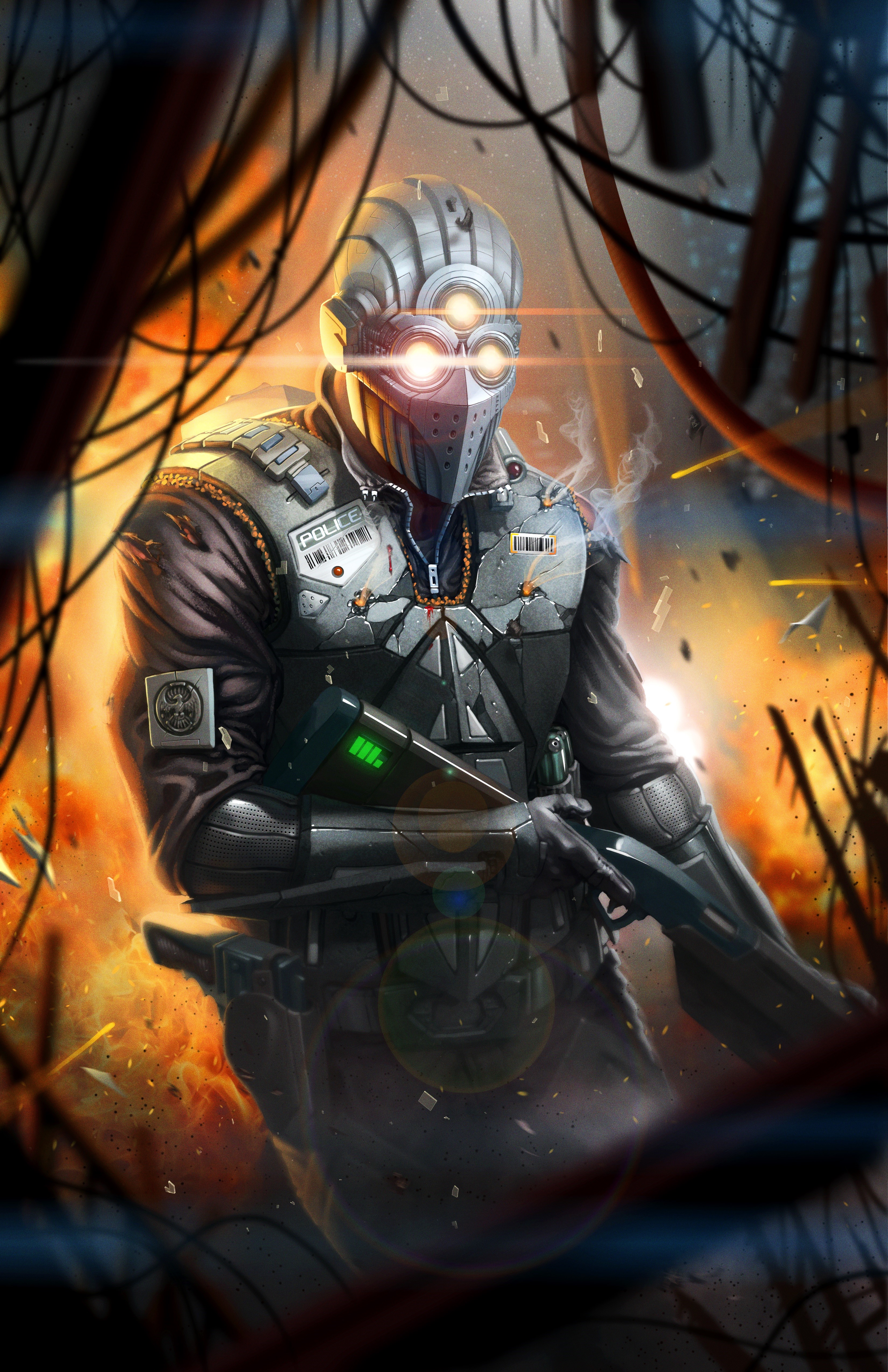 Cyberpunk police officer with rifle in explosion HD Phone Wallpaper