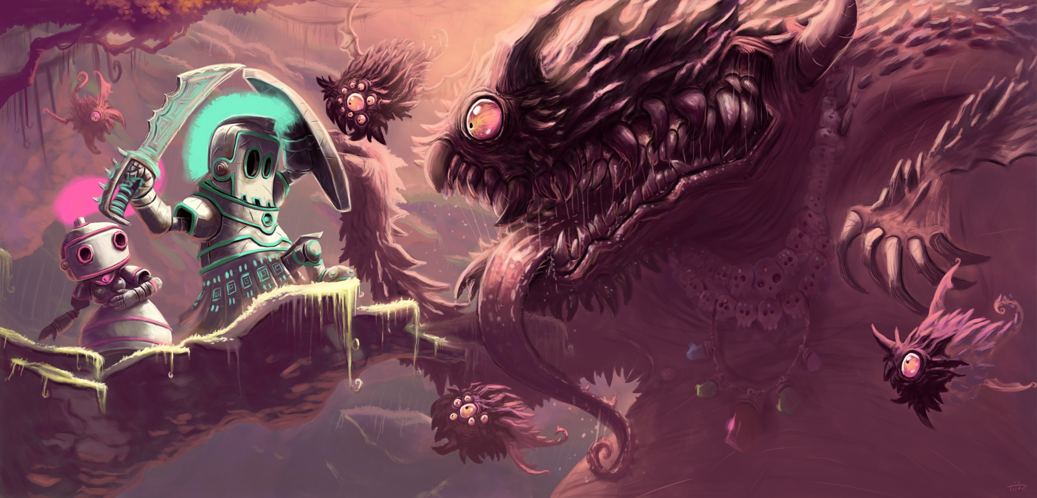 Knight and robot fight a large monster with smaller creatures HD Wallpaper