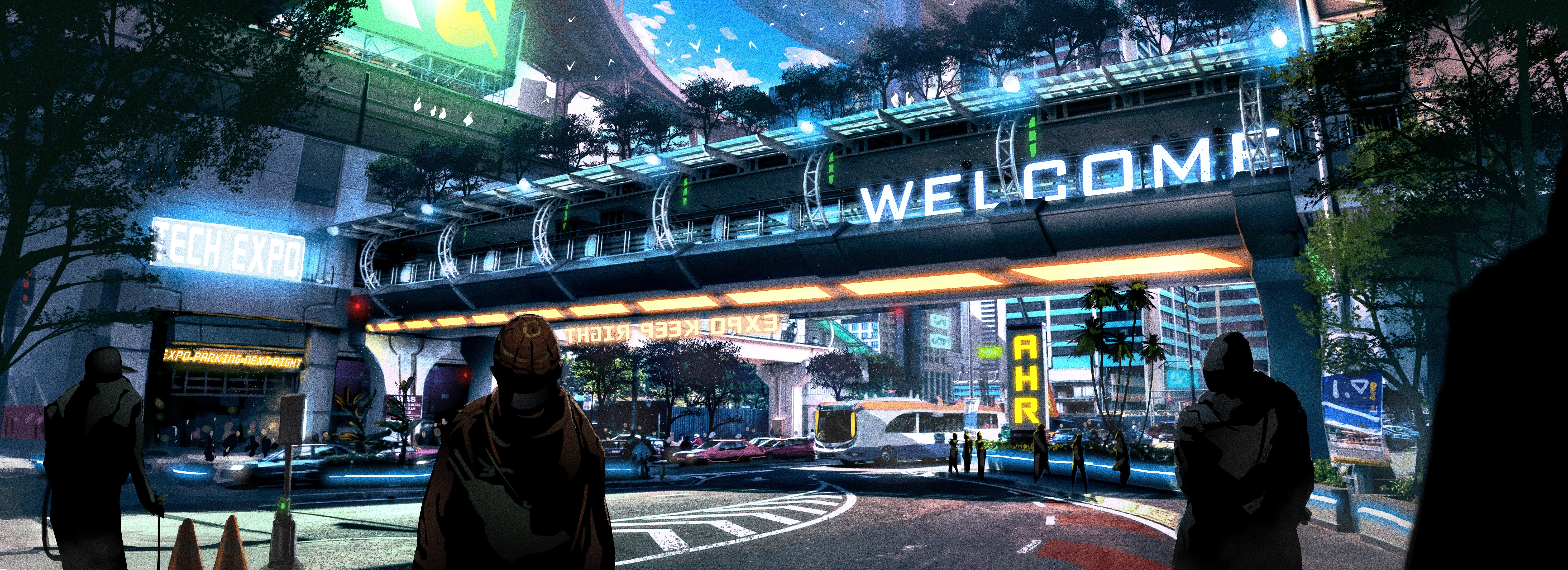 Futuristic city with "WELCOME" sign and "TECH EXPO" HD Wallpaper