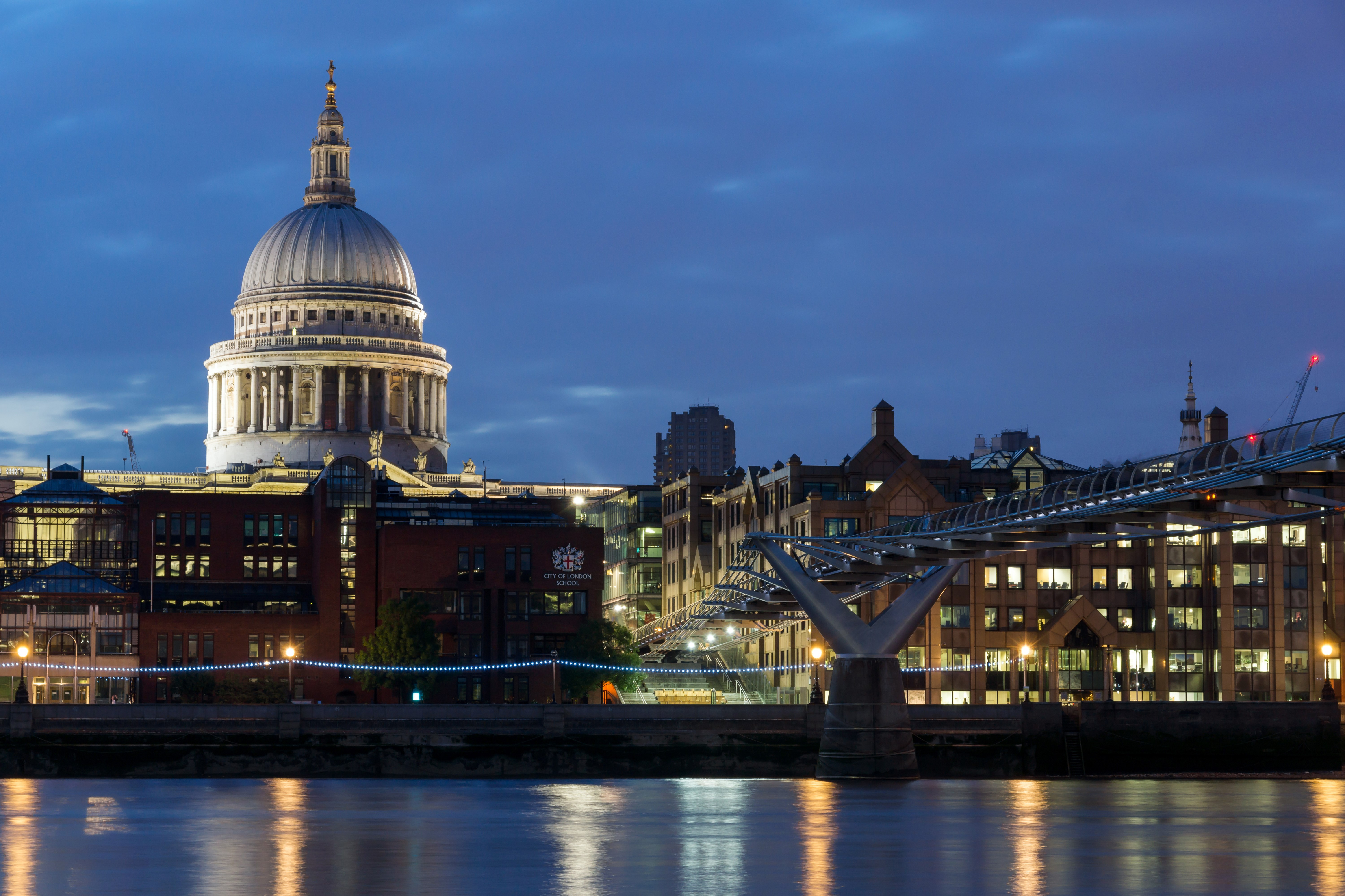 St. Paul's Cathedral and Millennium Bridge at Night, London HD Wallpaper