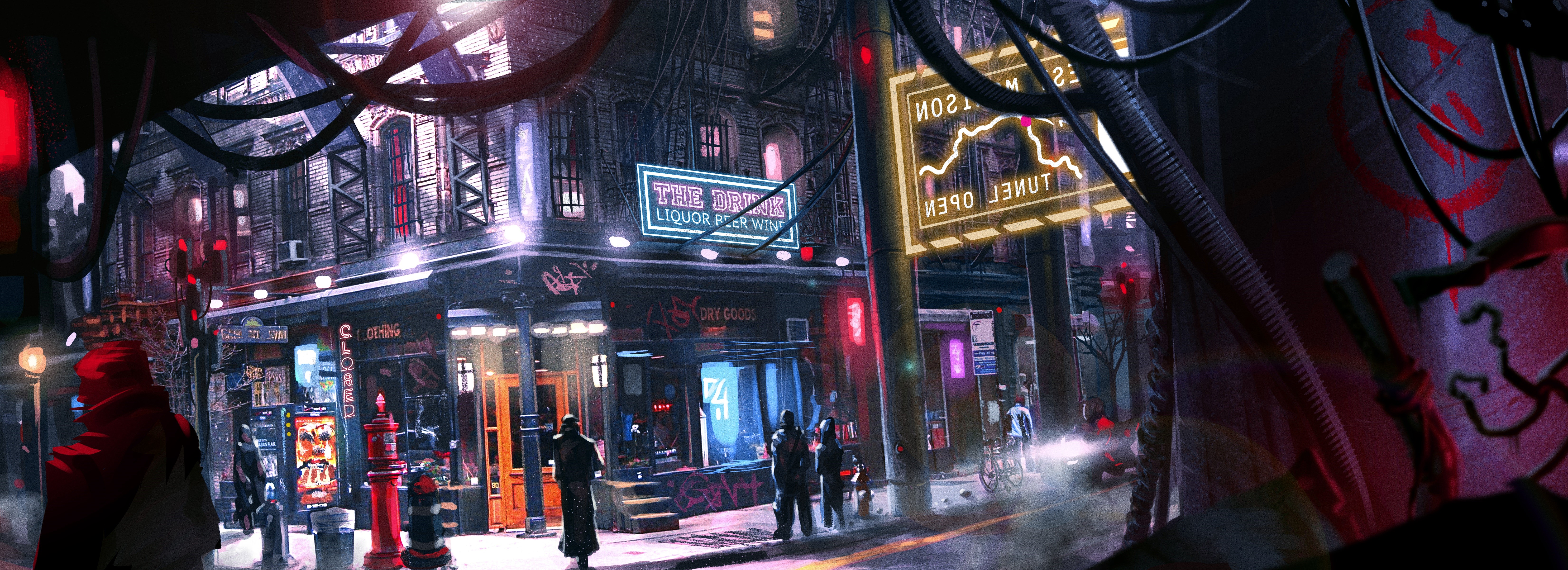 Cyberpunk Street Scene with Neon Signs HD Wallpaper