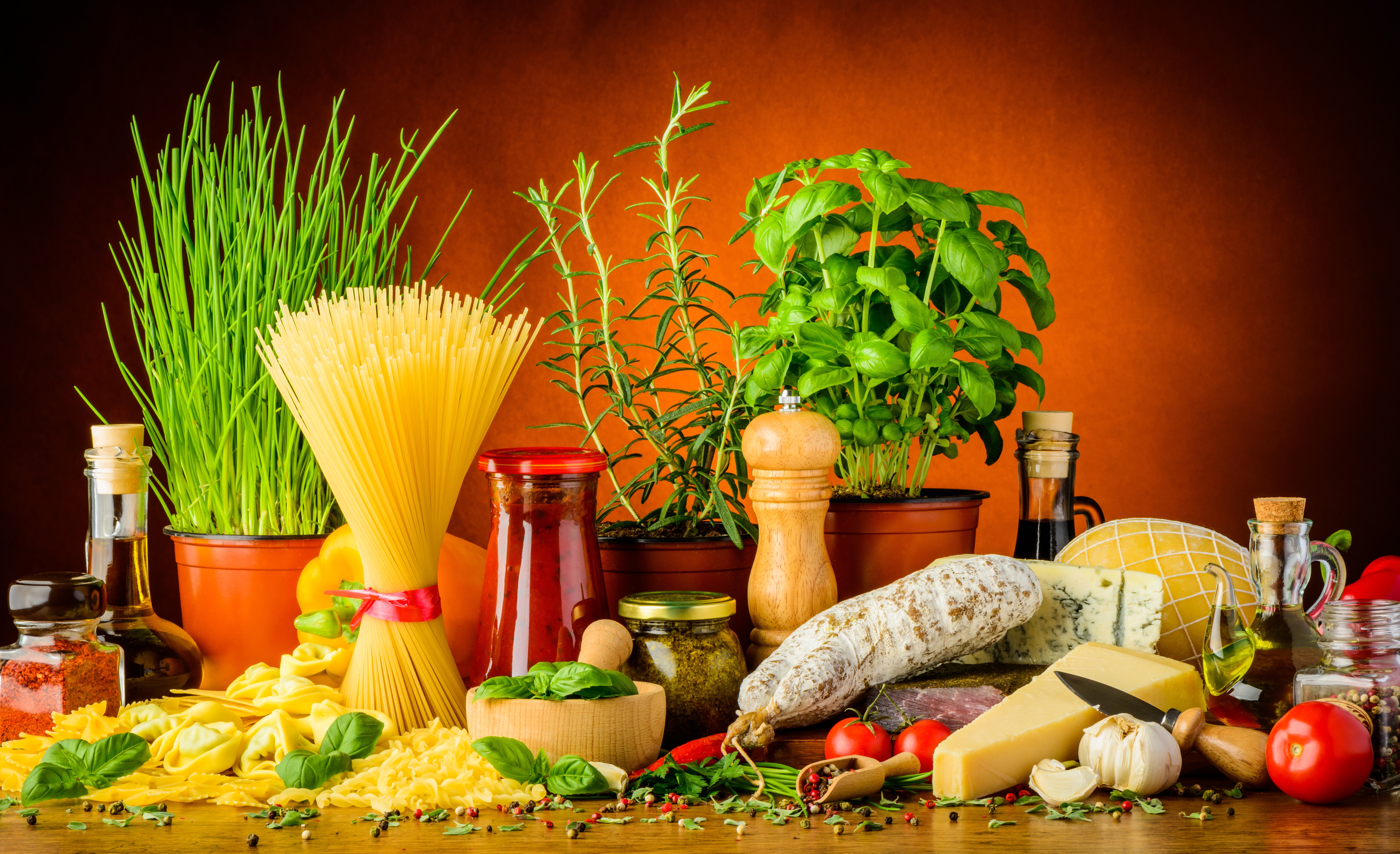 Still-life of Italian food ingredients HD Wallpaper