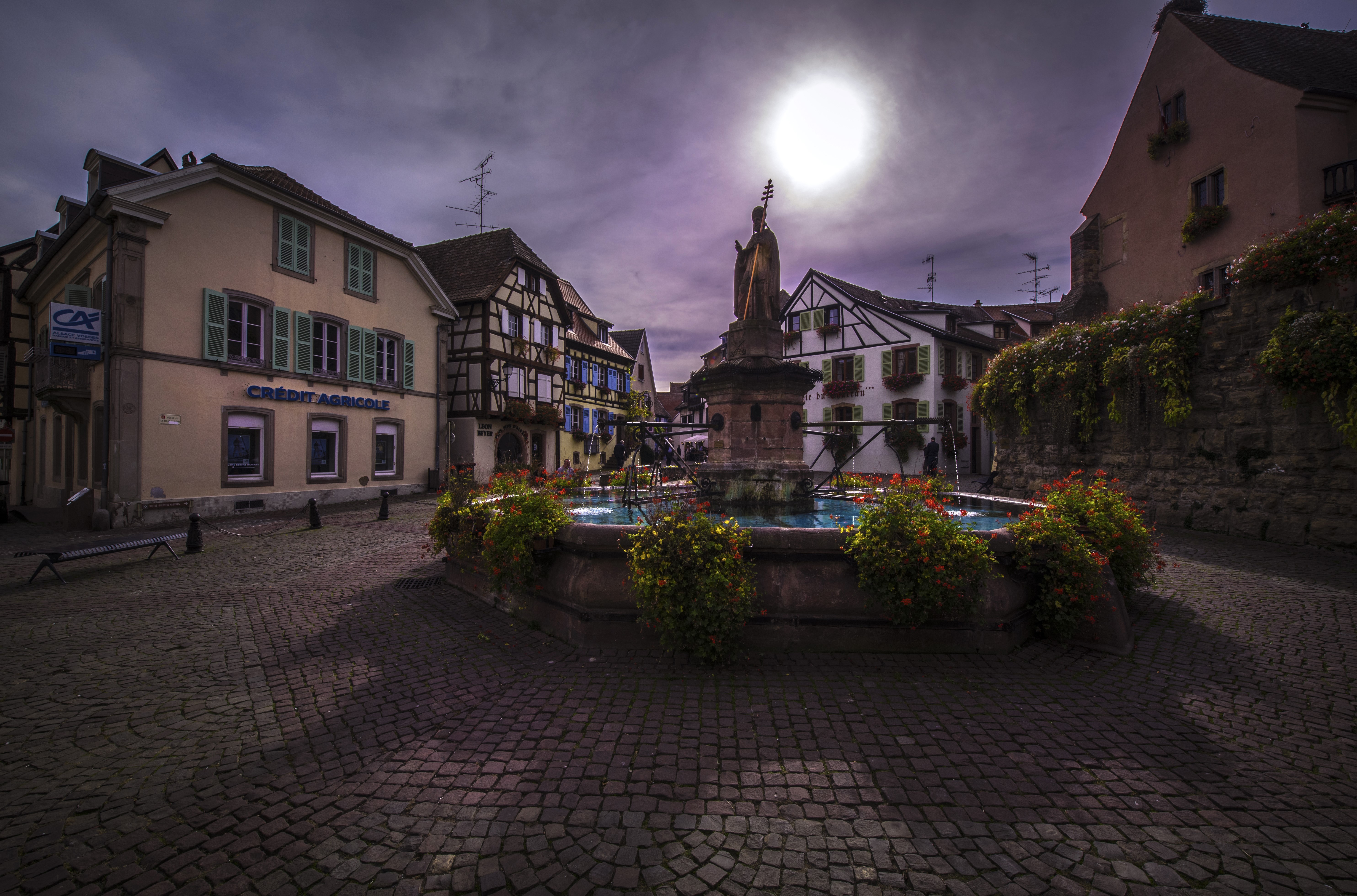 Fountain and Houses in Eguisheim, Alsace, France HD Wallpaper