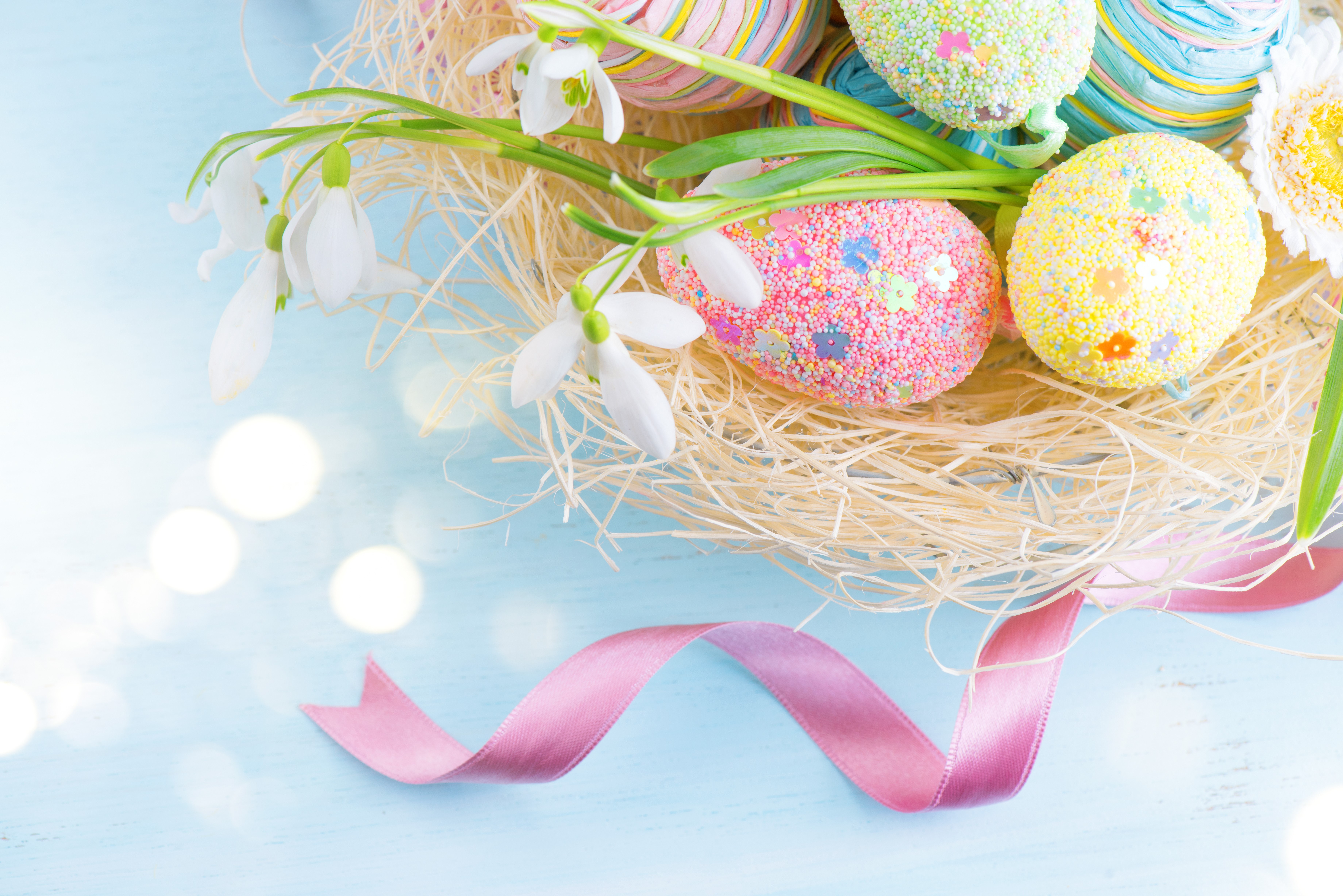 Easter Eggs with Snowdrops and Pink Ribbon HD Wallpaper