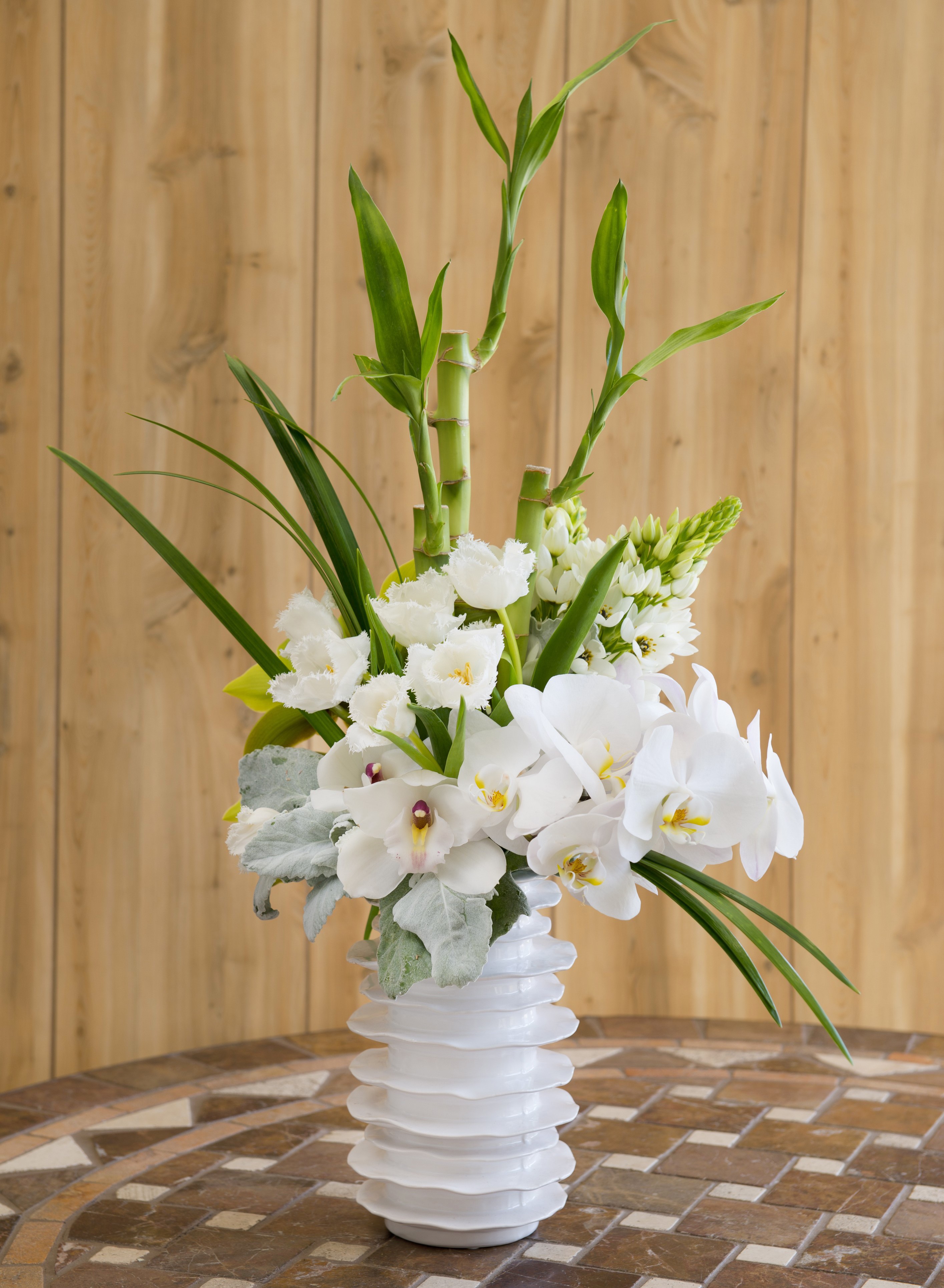 White orchids and bamboo in a white vase HD Phone Wallpaper