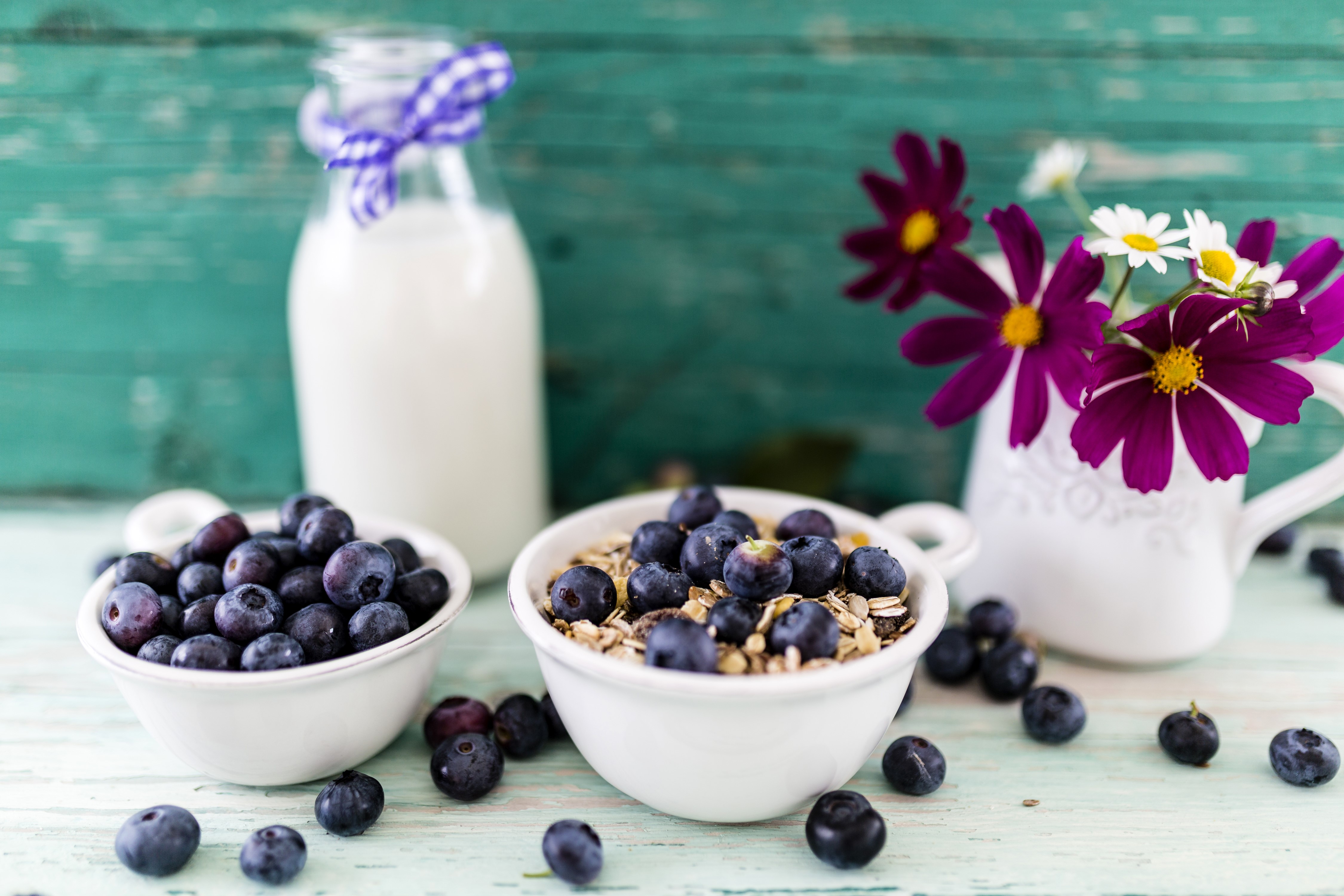 Blueberries, Milk, and Cereal with Flowers HD Wallpaper