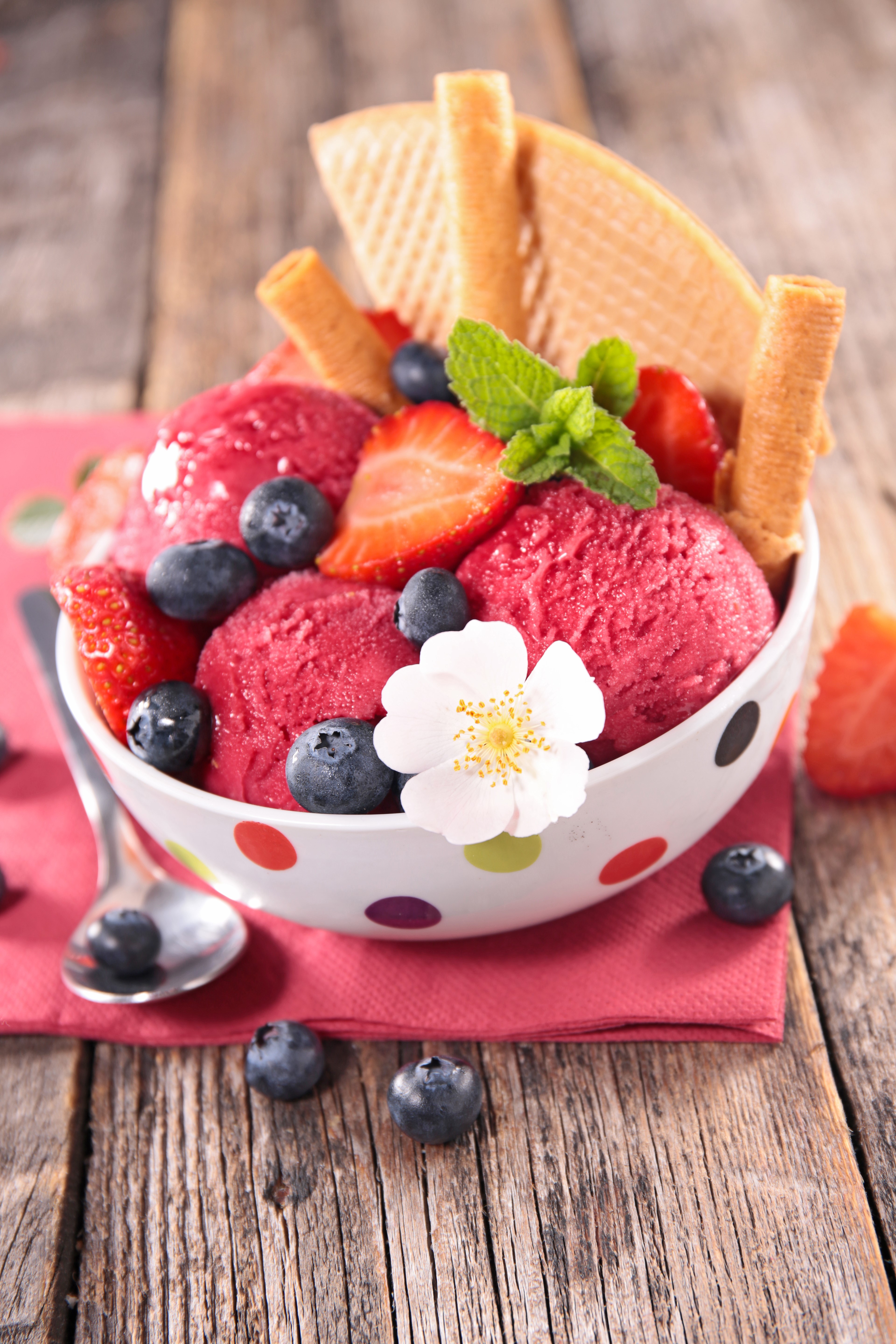 Berry ice cream with blueberries and wafer cookies HD Phone Wallpaper