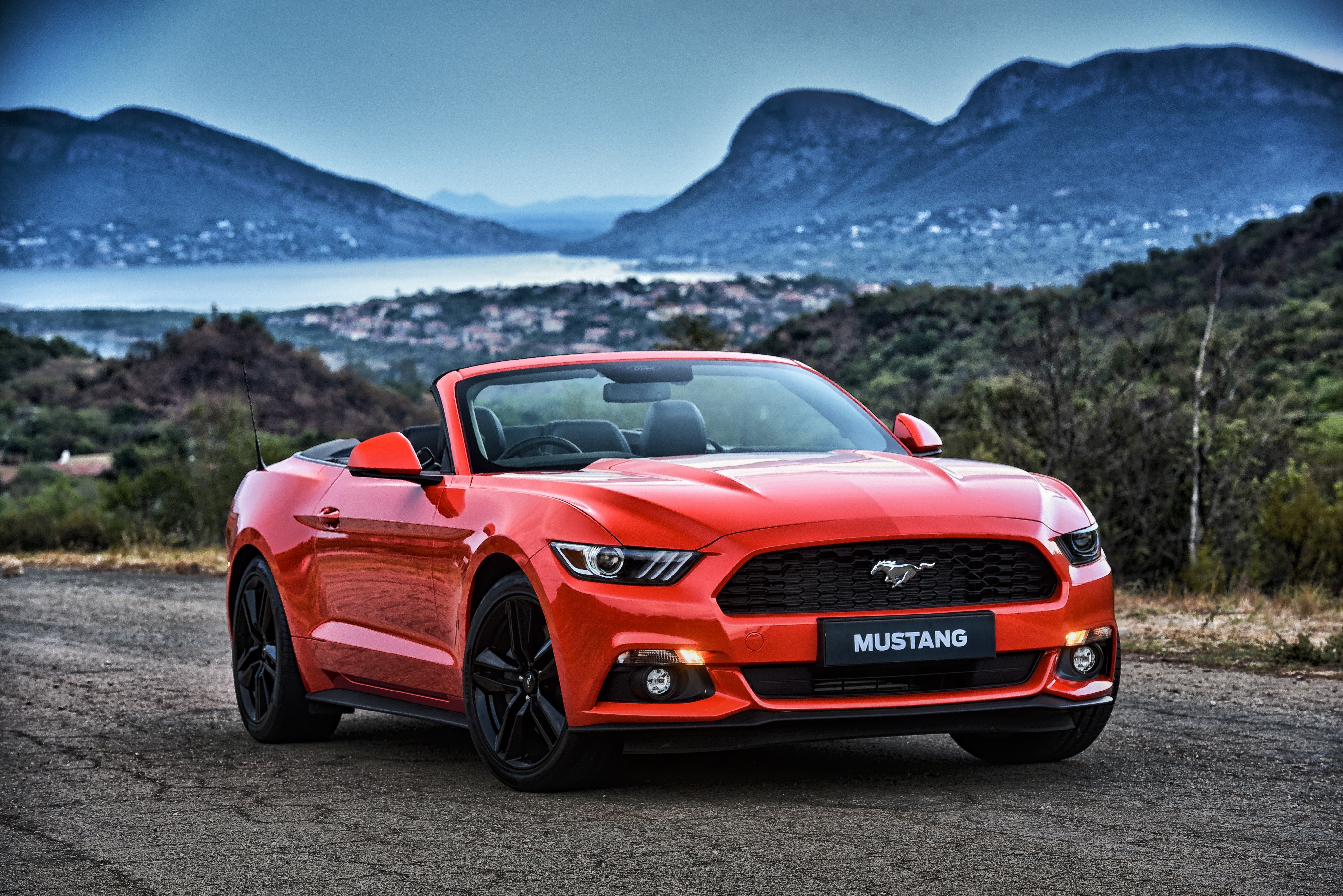 Red Ford Mustang Convertible with Mountains and Lake HD Wallpaper