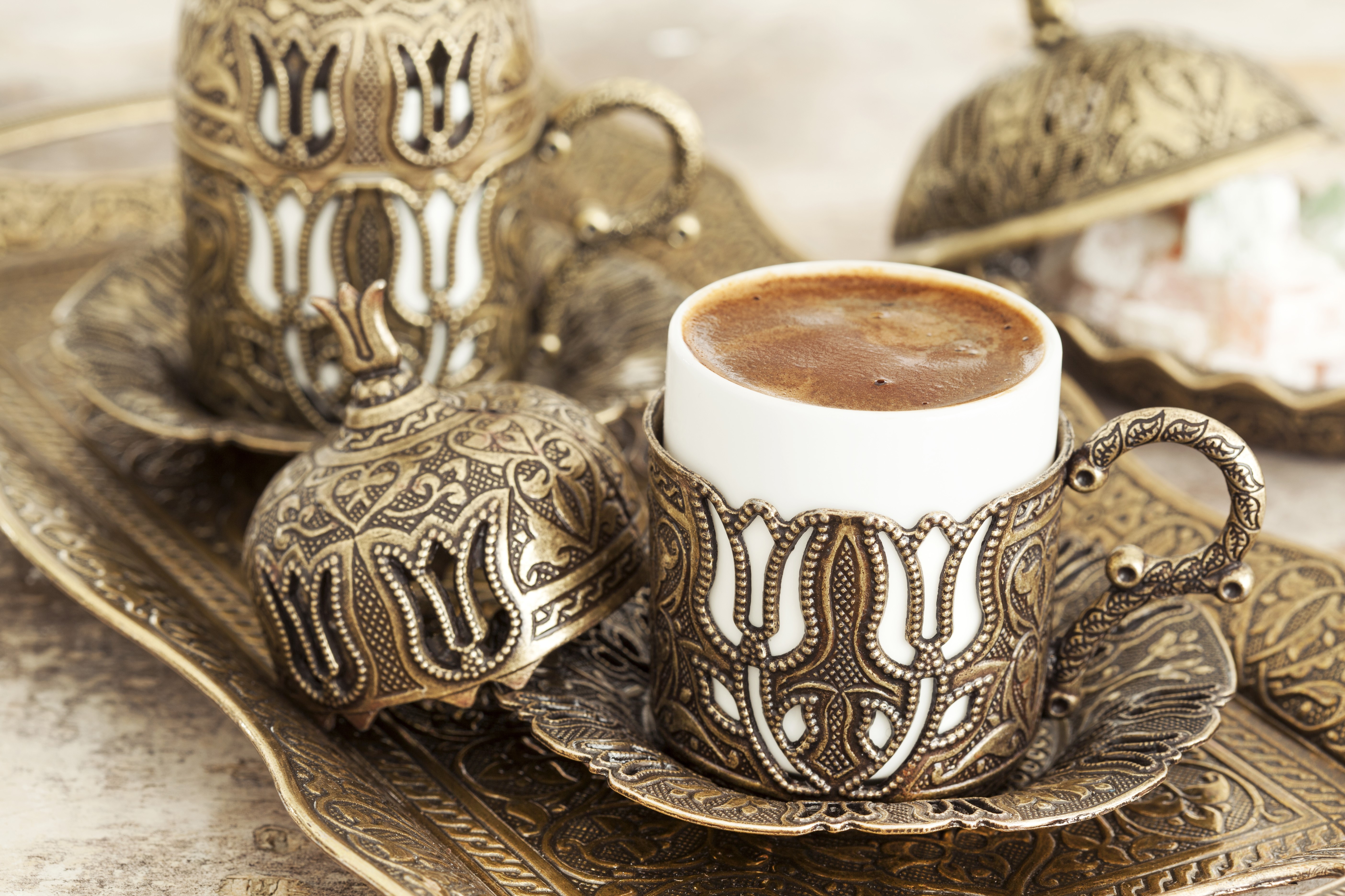 Turkish Coffee Cup with Ornate Metal Holder HD Wallpaper