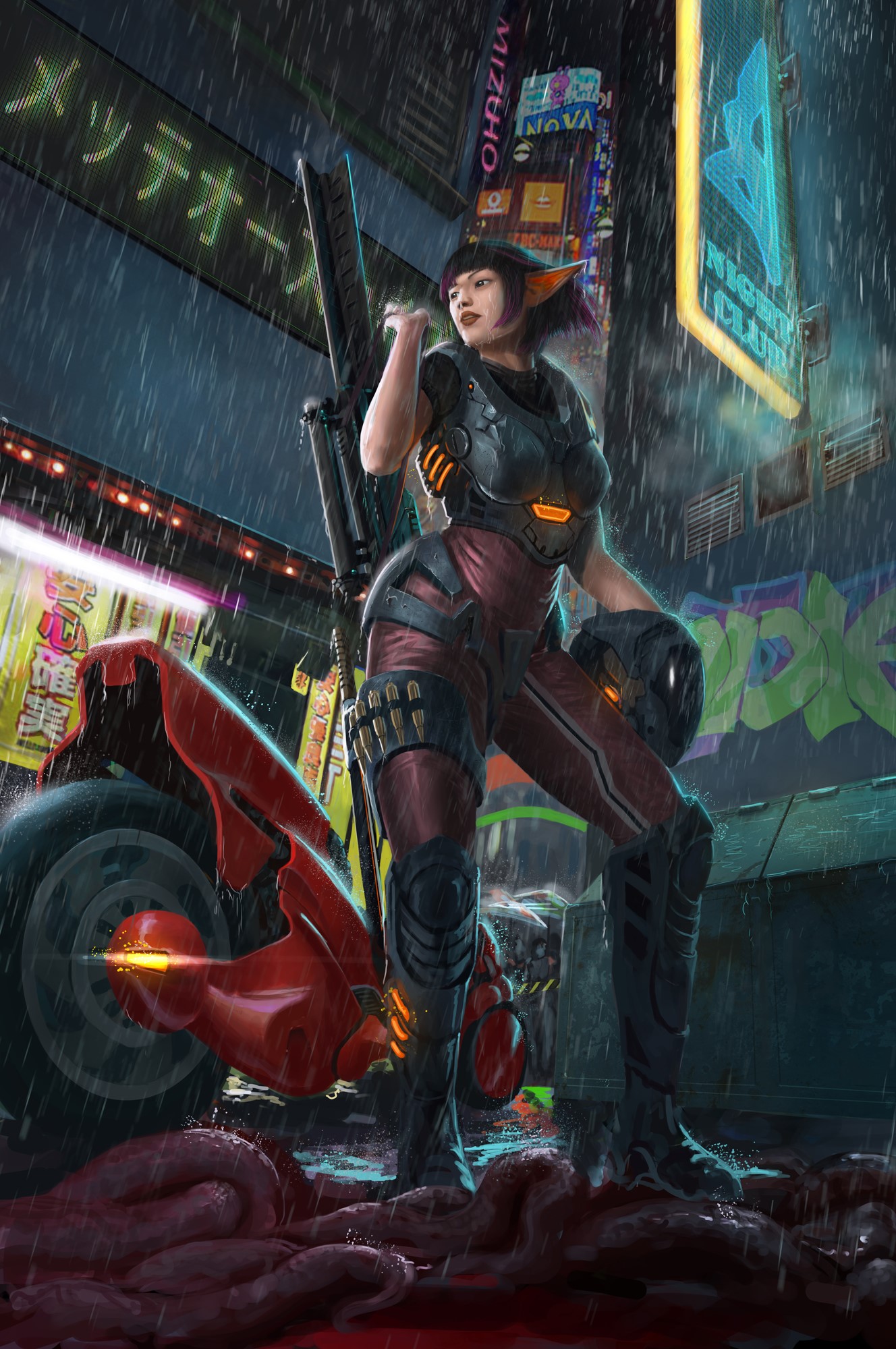Female warrior with sniper rifle and motorcycle in rainy city HD Phone Wallpaper