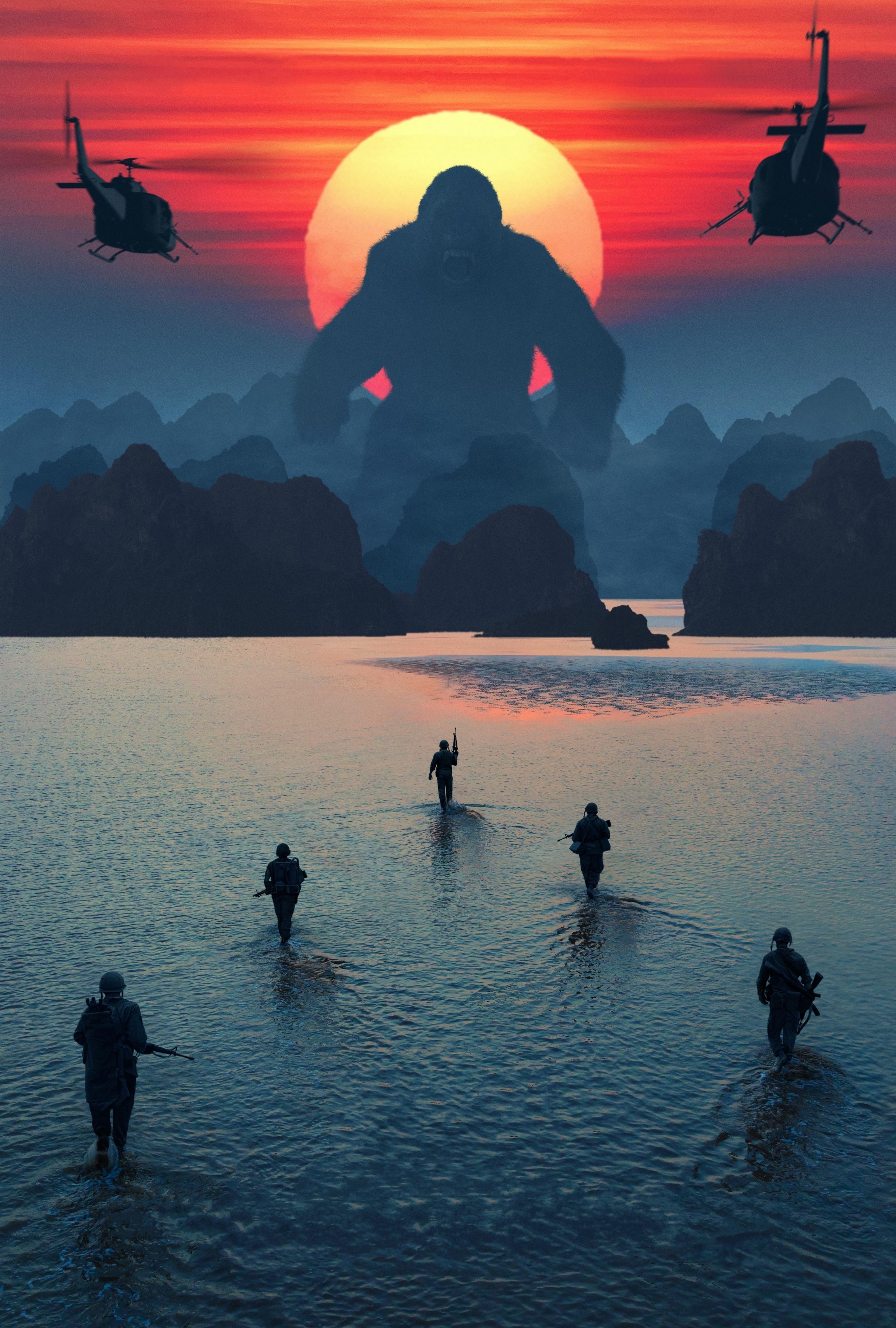 Soldiers wading through water with Kong and helicopters in the background HD Phone Wallpaper