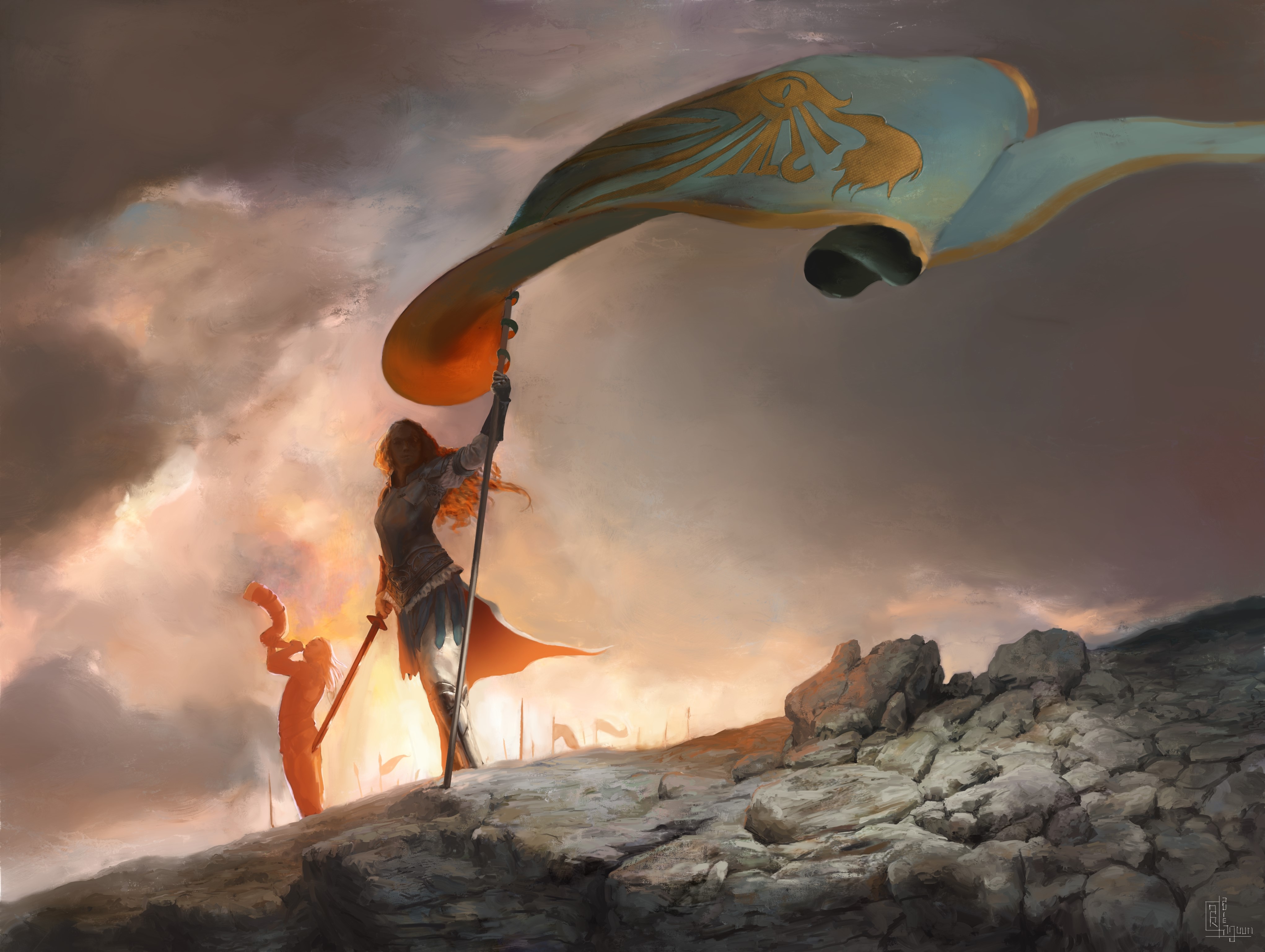 Warriors holding a flag with swords HD Wallpaper