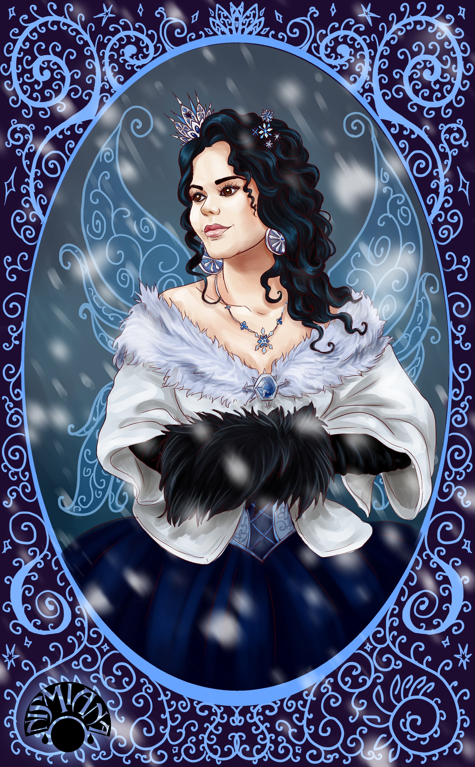 Winter Queen with Snowflakes and Ornate Frame HD Phone Wallpaper