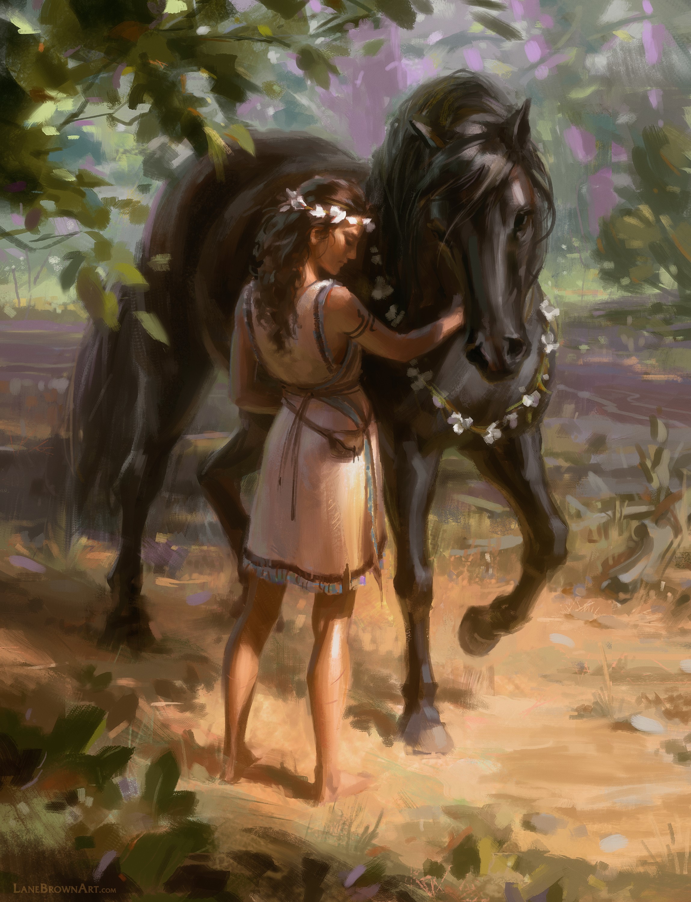 Woman with a flower crown petting a black horse HD Phone Wallpaper