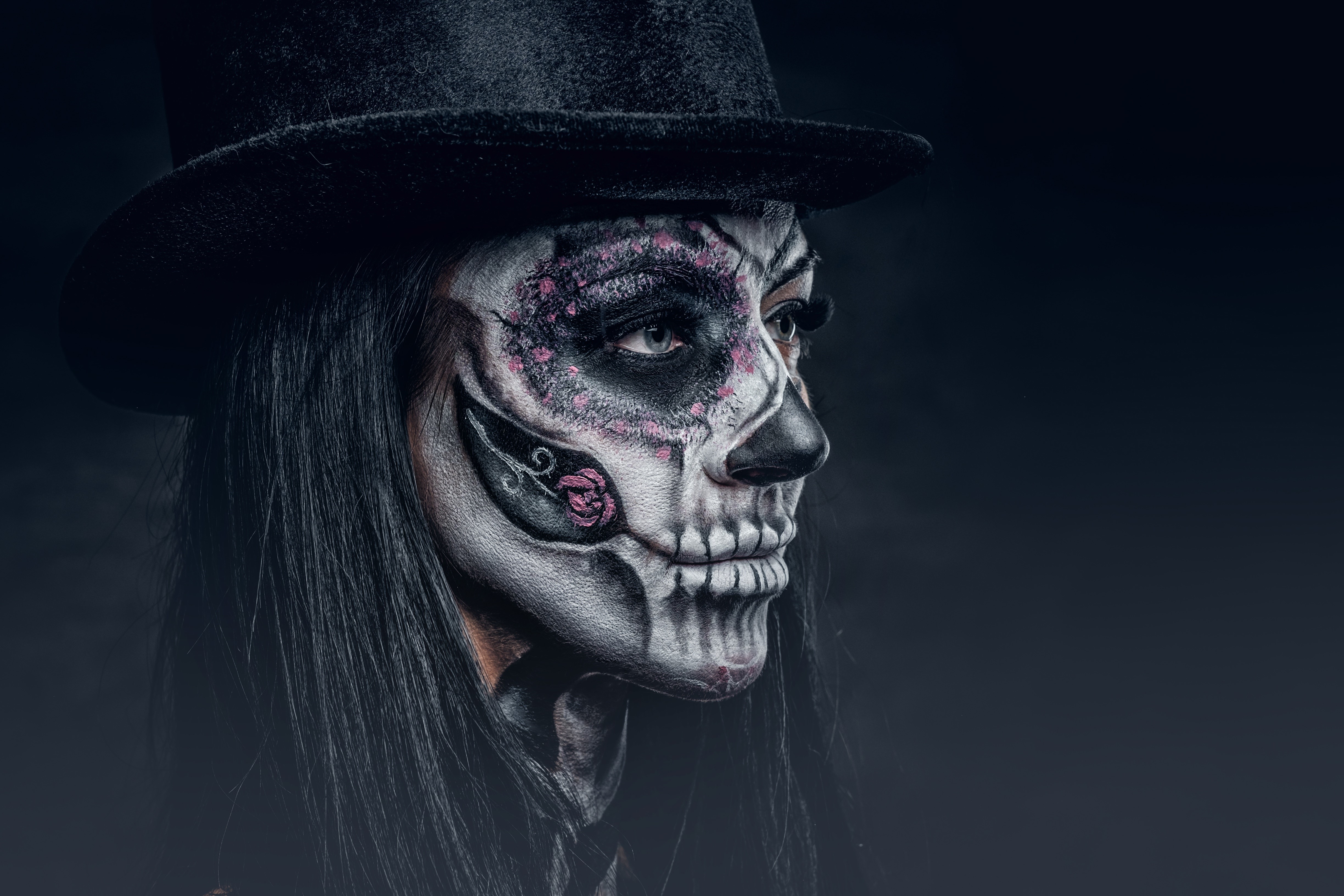 Woman with Day of the Dead makeup and top hat HD Wallpaper